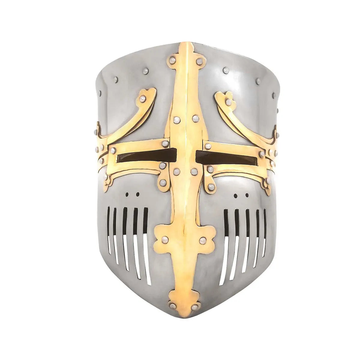Casco medieval tipo pot con remates de latón y forro acolchado