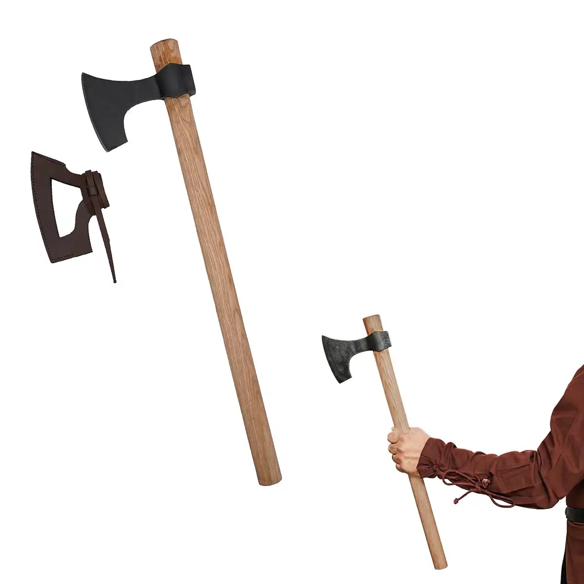 Hacha vikinga con barba forjada a mano y funda de cuero
