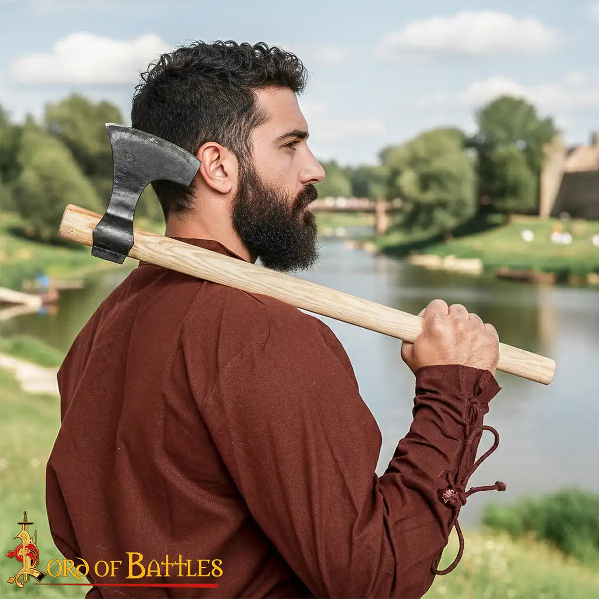 Hacha vikinga con barba forjada a mano y funda de cuero - imagen 14