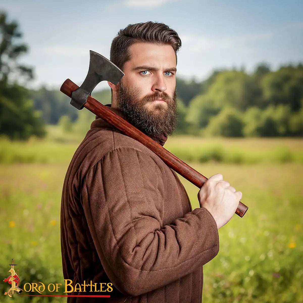 Hacha vikinga con barba forjada a mano y funda de cuero - imagen 10