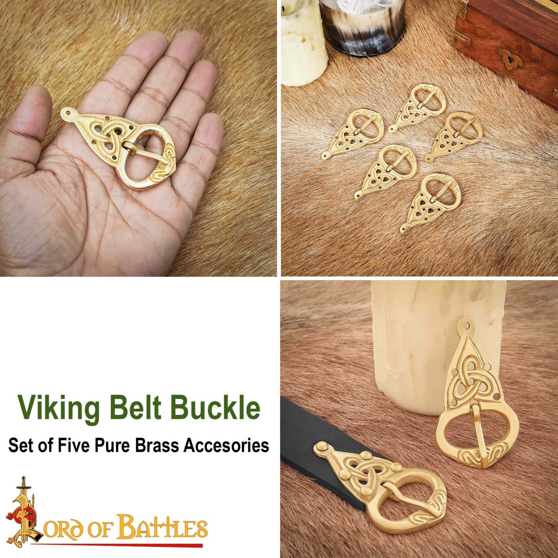 Imagen única de: Set de 5 hebillas vikingas con placa y nudos celtas, latón - imagen 8