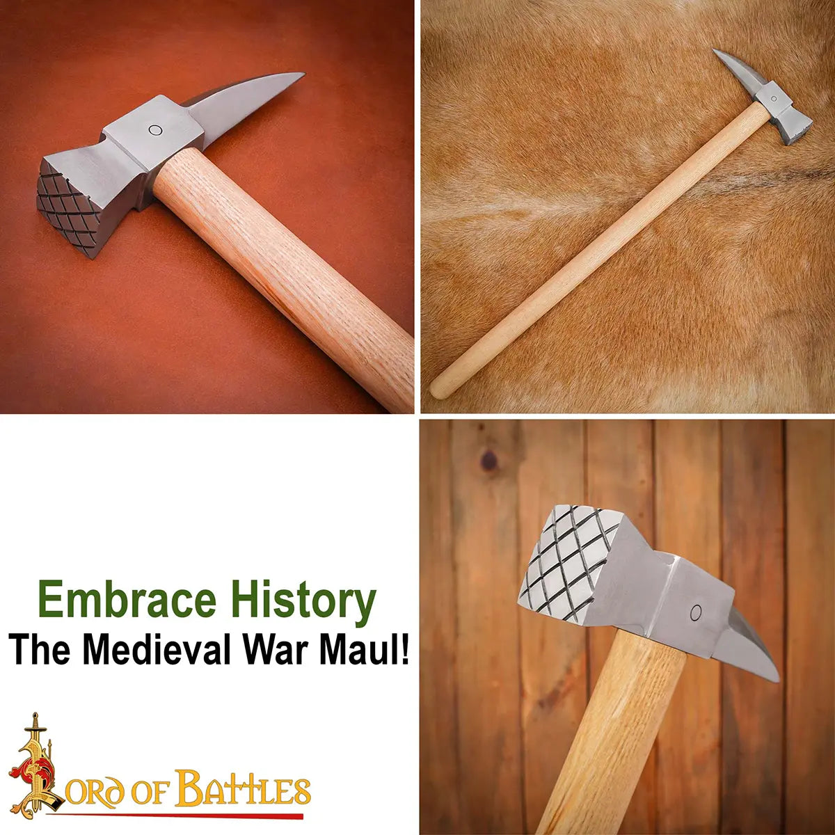 Martillo de guerra medieval con cabeza de acero al carbono y mango de fresno - imagen 15
