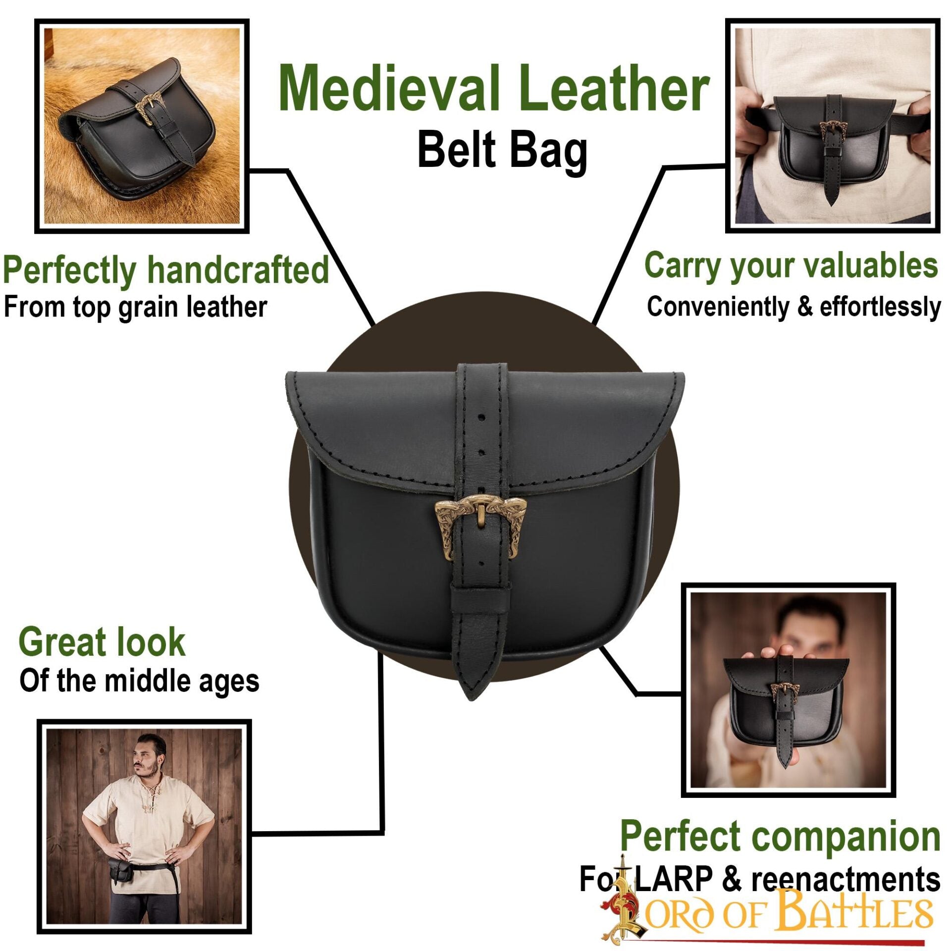 Bolsa de cinturón de cuero hecha a mano con hebilla celta de latón antiguo - imagen 13
