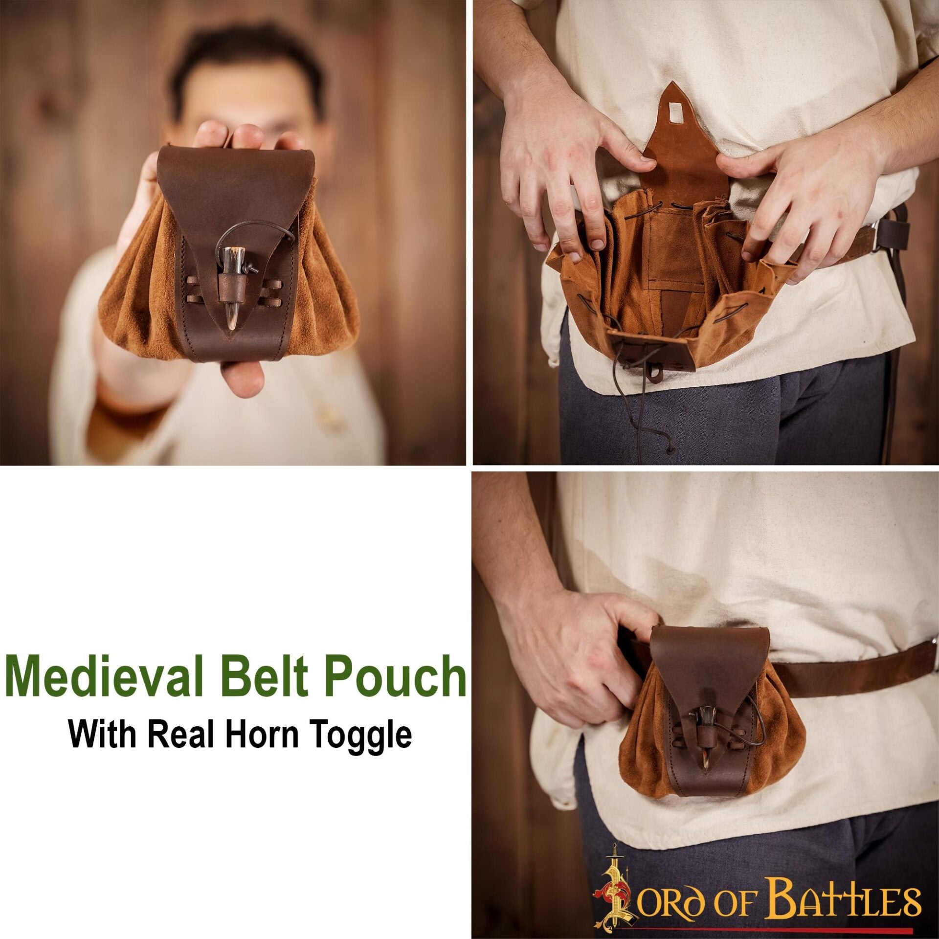 Bolsa de cinturón medieval de ante y cuero con broche de cuerno - imagen 11