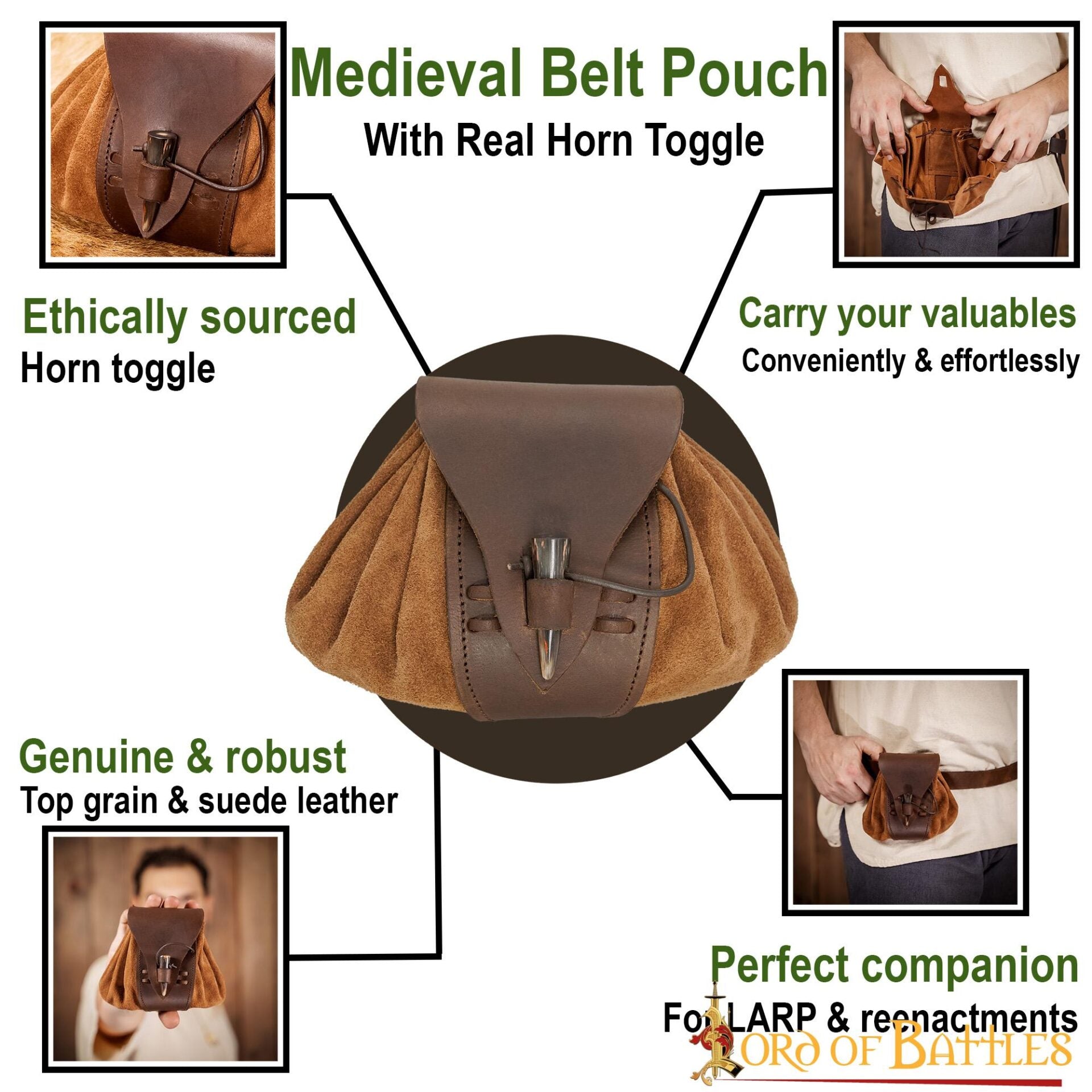 Bolsa de cinturón medieval de ante y cuero con broche de cuerno - imagen 10