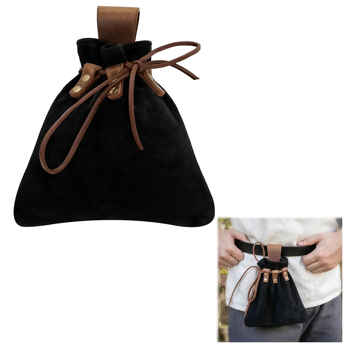 Bolsa de cinturón medieval de cuero con cordón - Negro