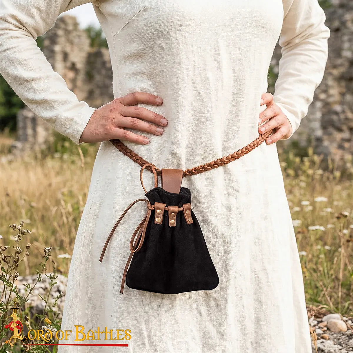 Bolsa de cinturón medieval de cuero con cordón - Negro - imagen 6