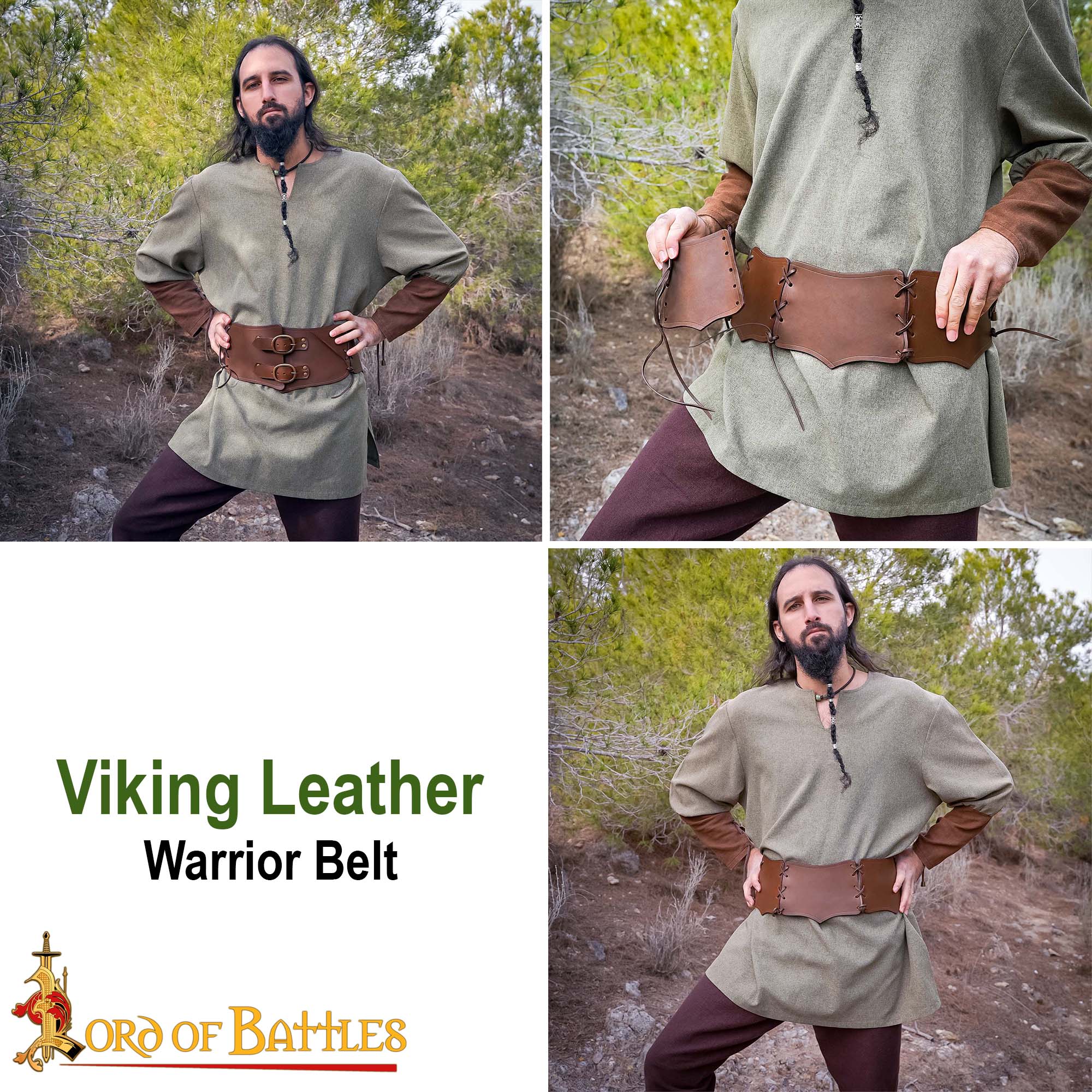 Cinturón vikingo de cuero artesanal con hebillas de latón - imagen 12