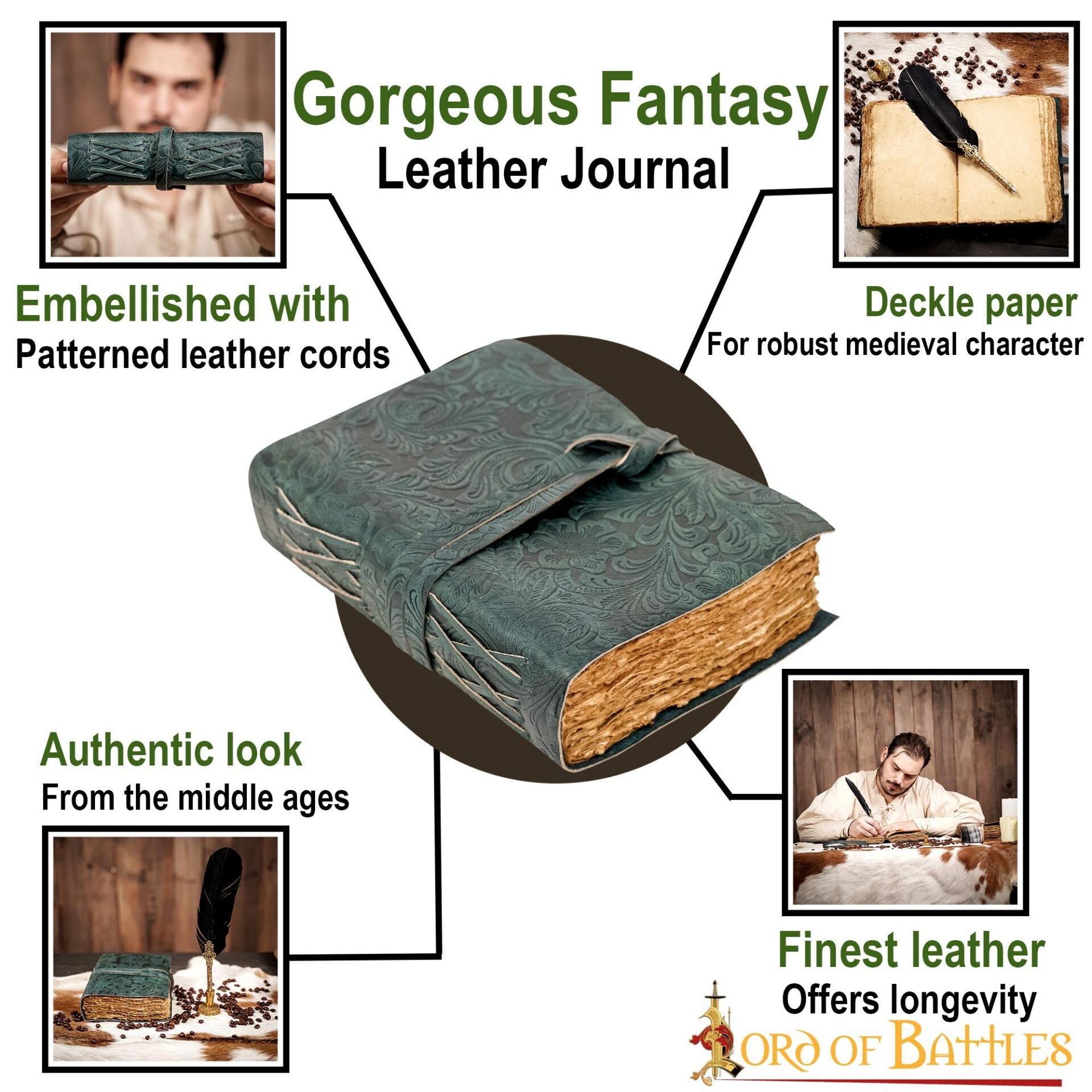Imagen única de: Diario Medieval de Cuero con Papel Antiguo -verde - Diario Hecho a Mano