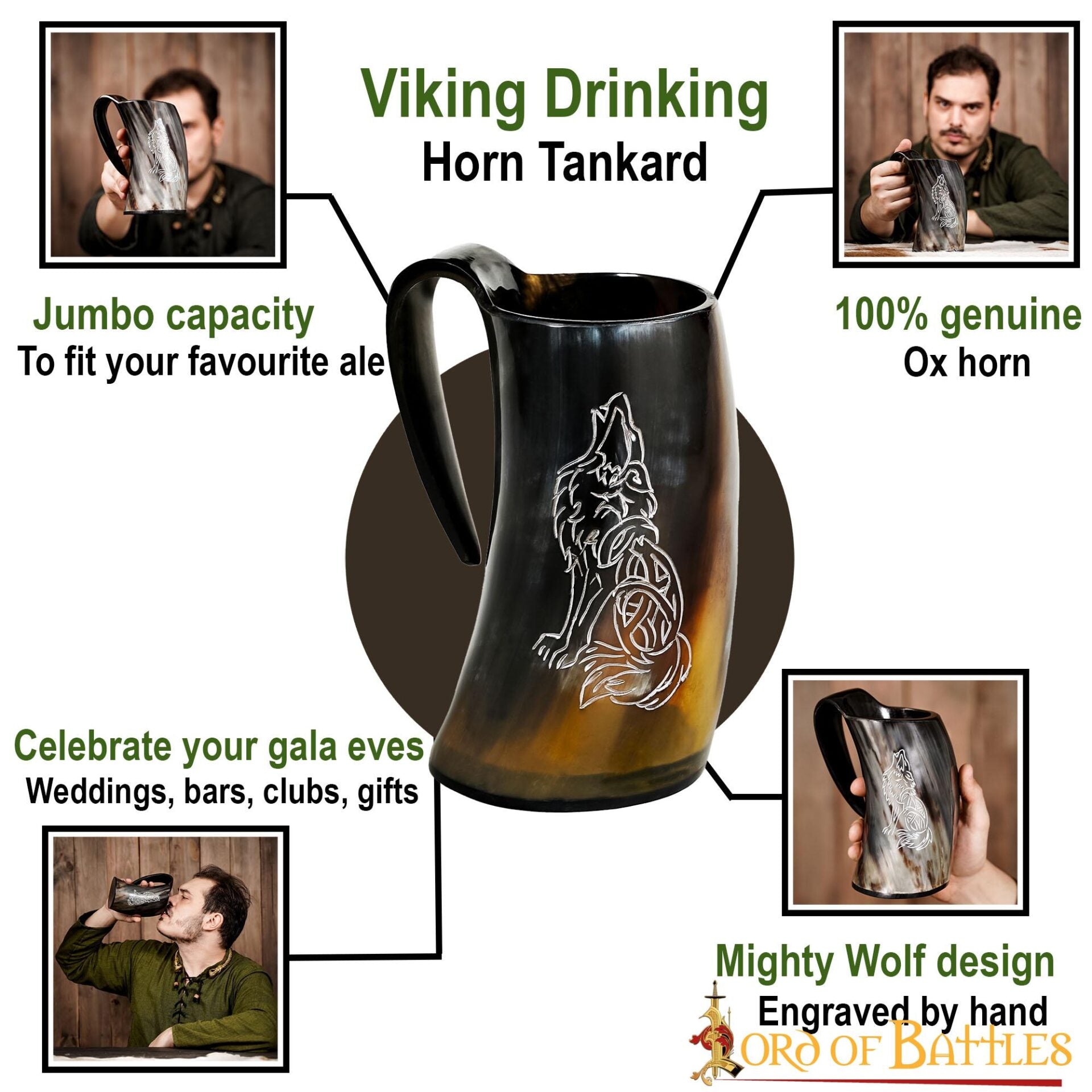 Imagen única de: Jarro Vikingo de Cuerno con Nudos de Lobo Celta (600ml)
