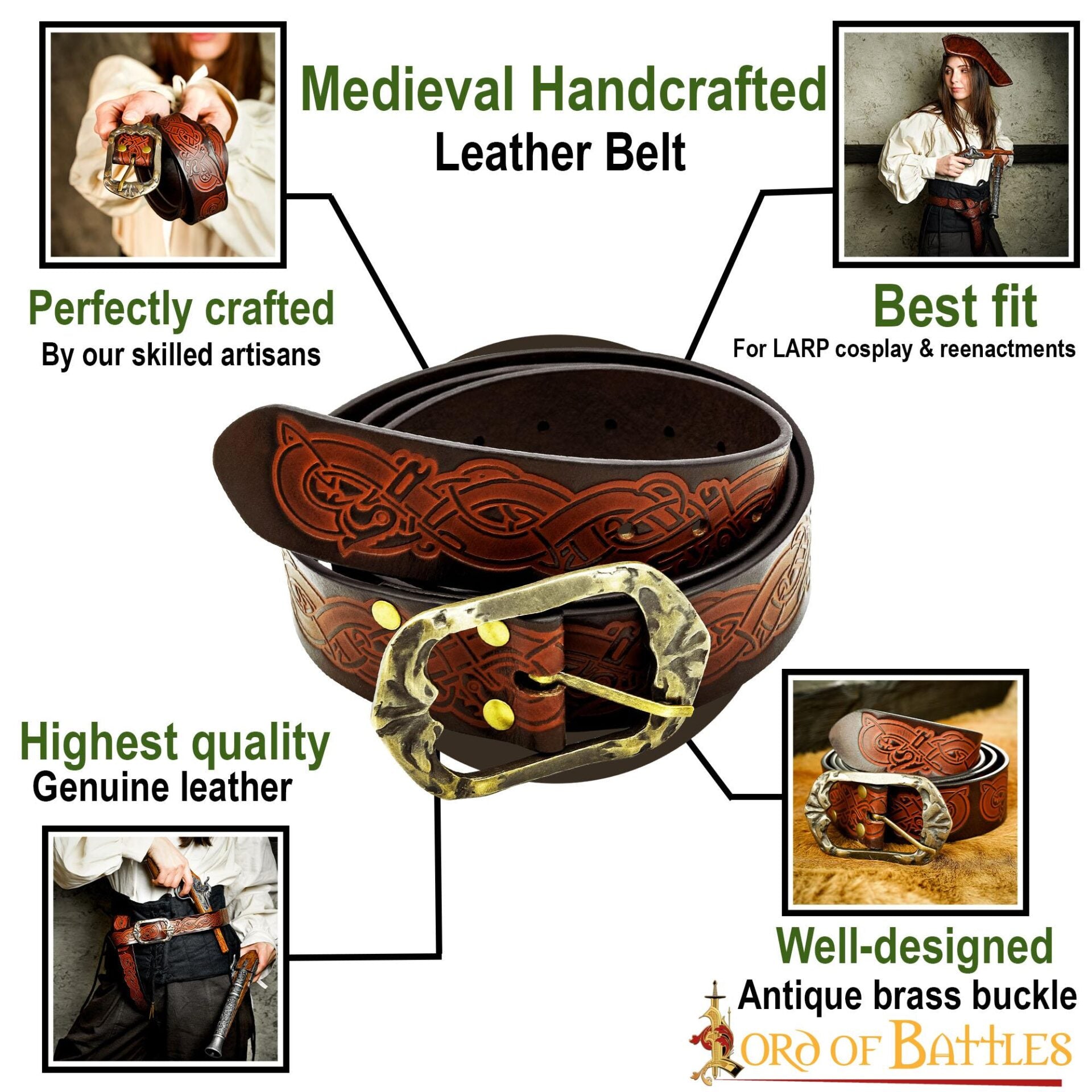 Cinturón vikingo medieval de cuero hecho a mano con hebilla de latón - imagen 12