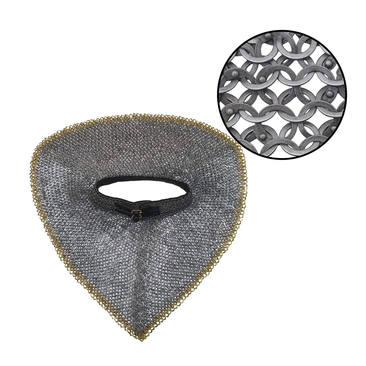 Gorguera de malla 9 mm en acero 17 gauge con borde en latón y collar de cuero