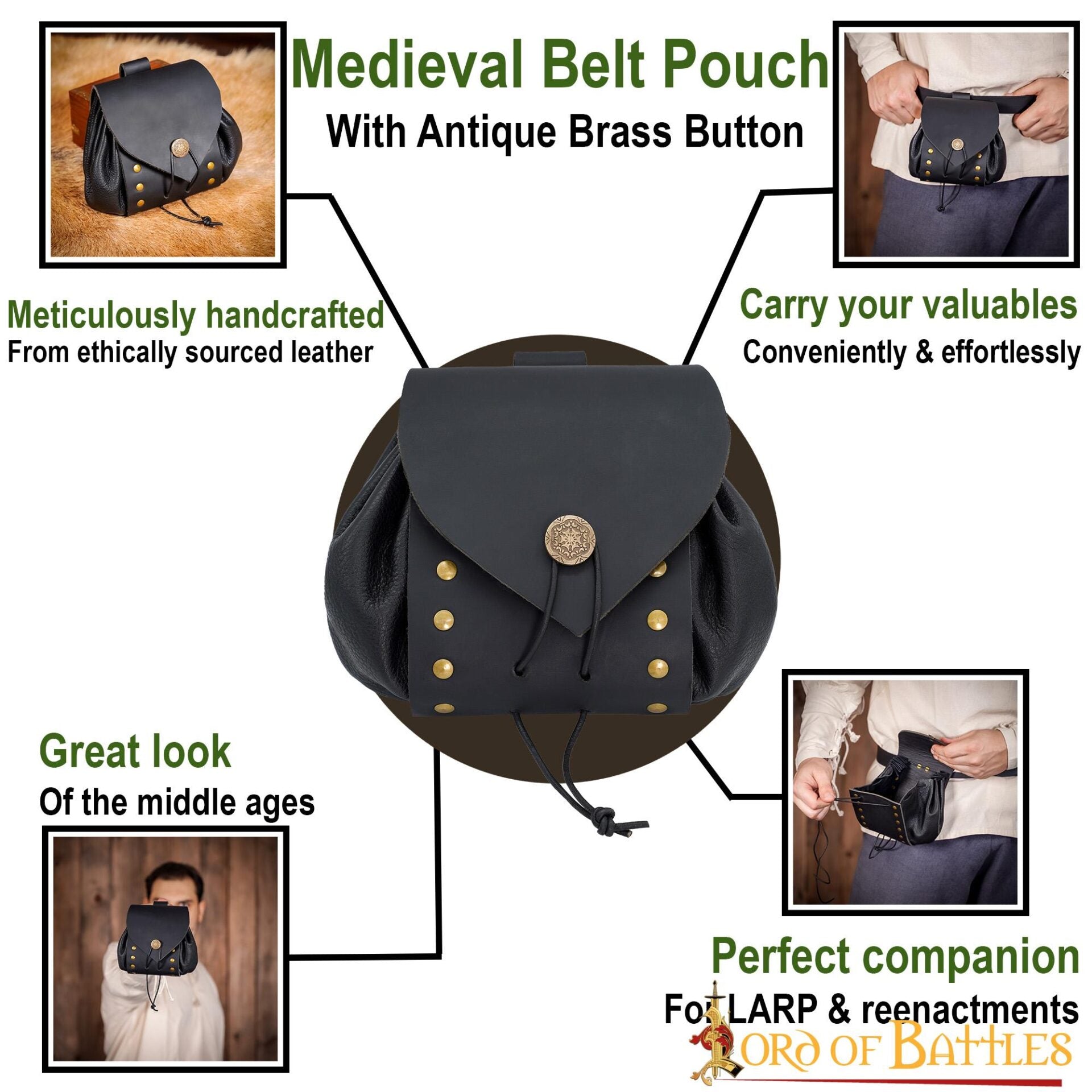 Bolsa de cinturón medieval en piel con botón de latón - imagen 9