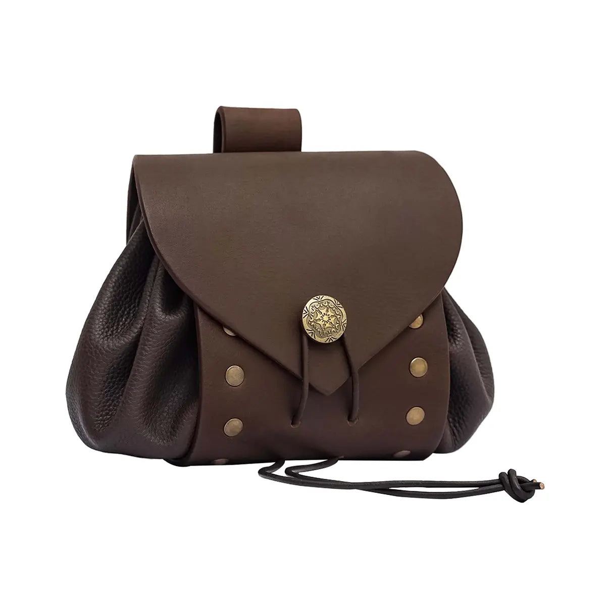 Bolsa de cinturón medieval de cuero con botón de latón envejecido - Marrón - Marrón