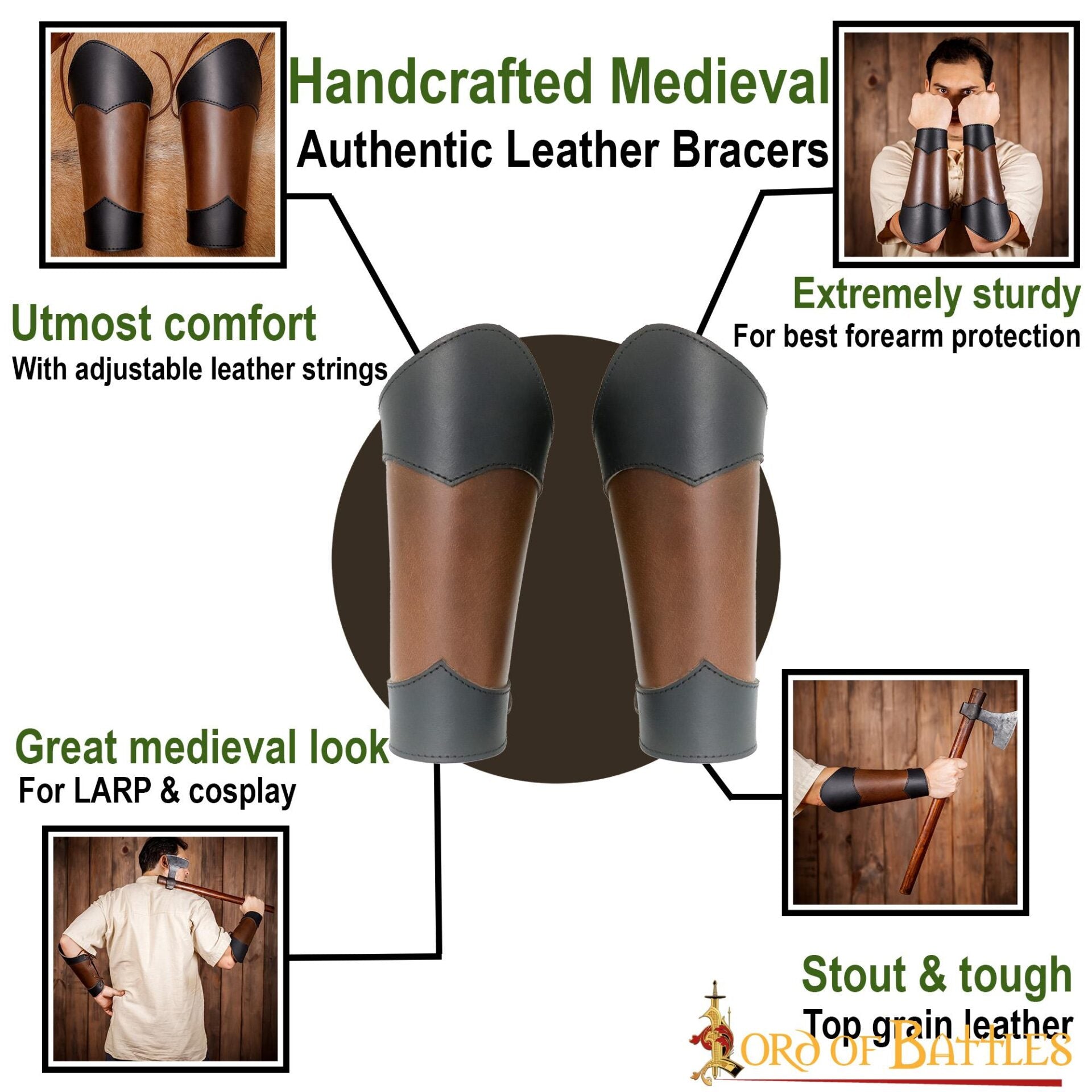 Imagen única de: Brazaletes de Cuero Estilo Élfico Hechos a Mano - Par de Guardabrazos Marrón Auténtico