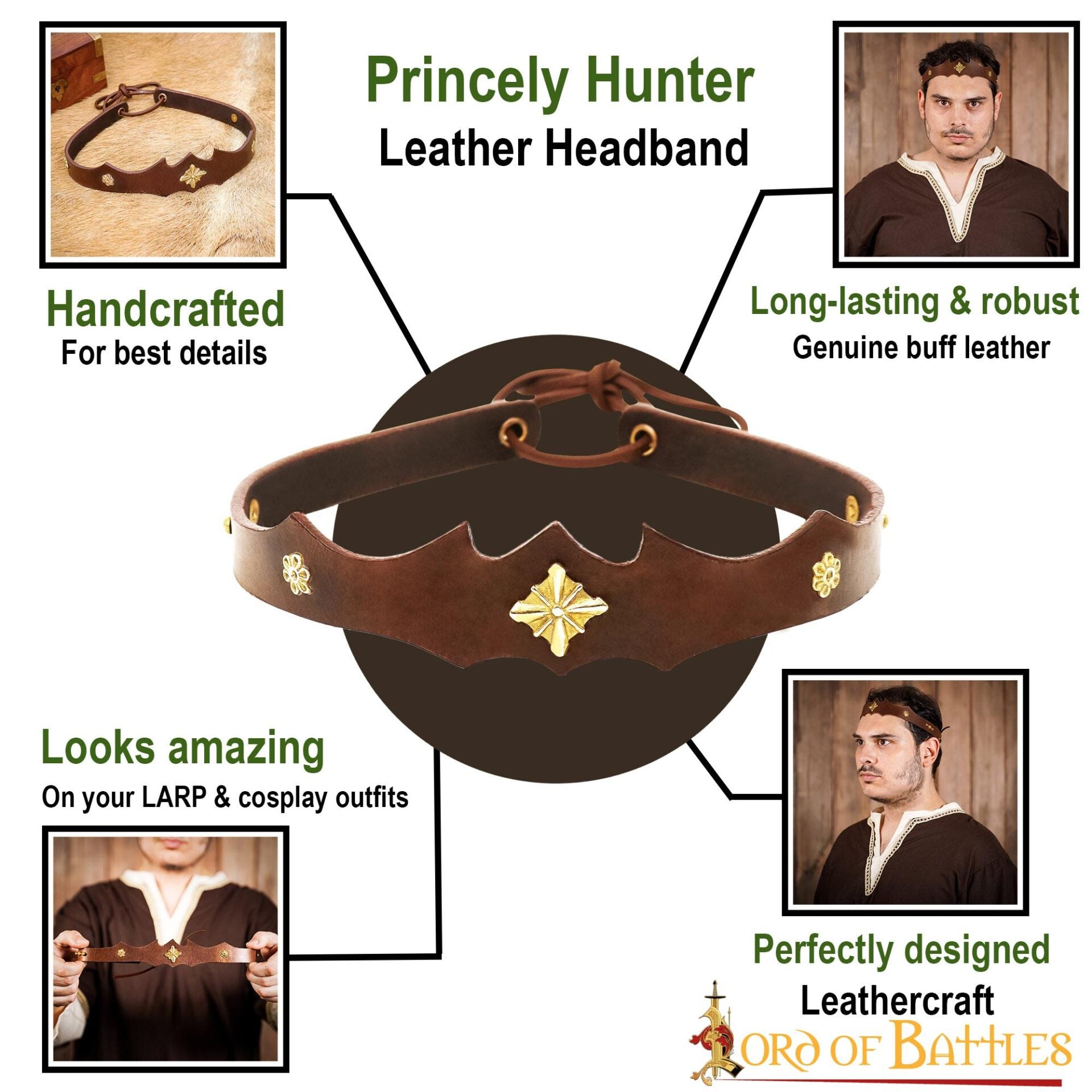 Imagen única de: Diadema de Cuero de Cazador Principesco con Monturas de Latón Puro