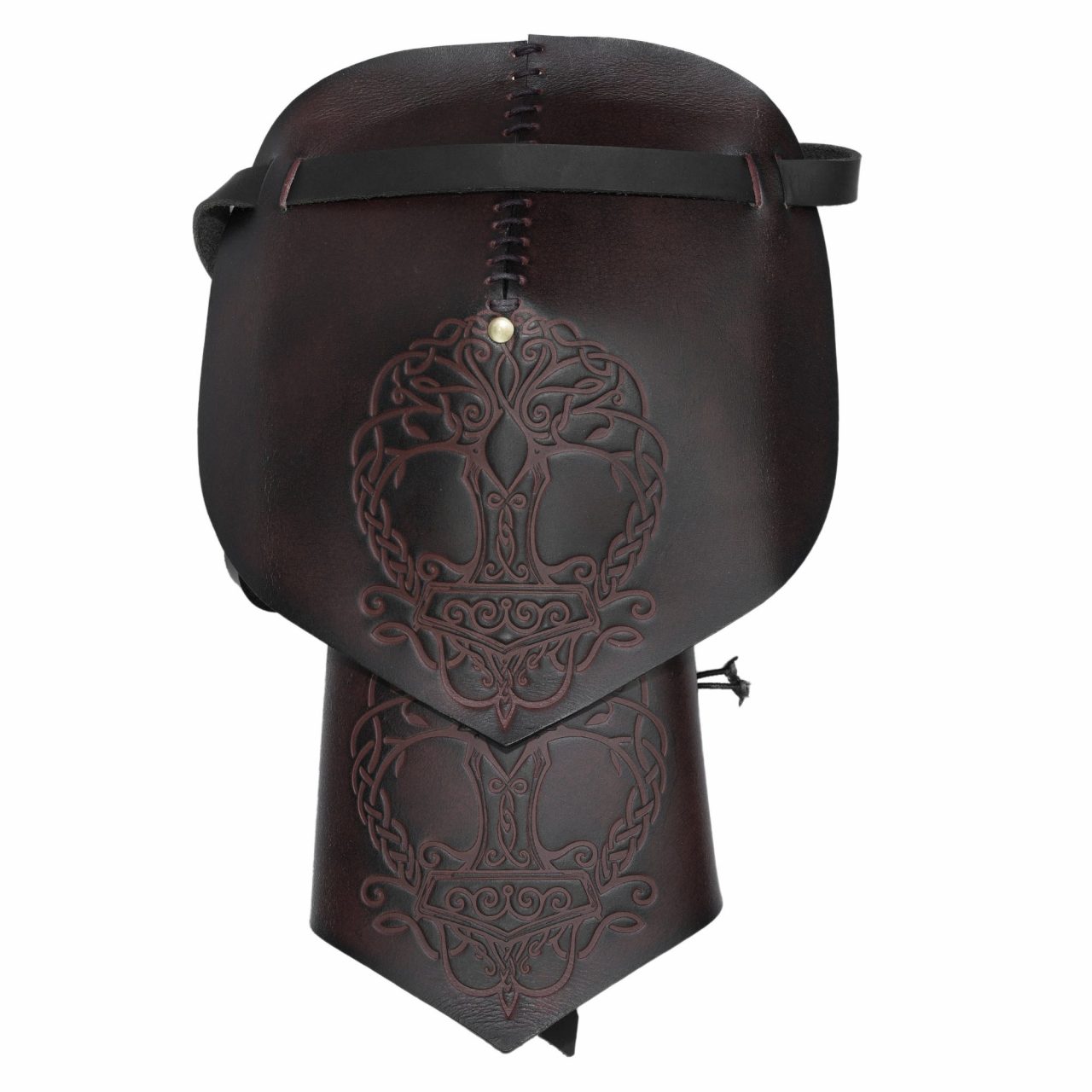Hombrera vikinga de cuero con motivo Yggdrasil y Mjolnir - Marrón