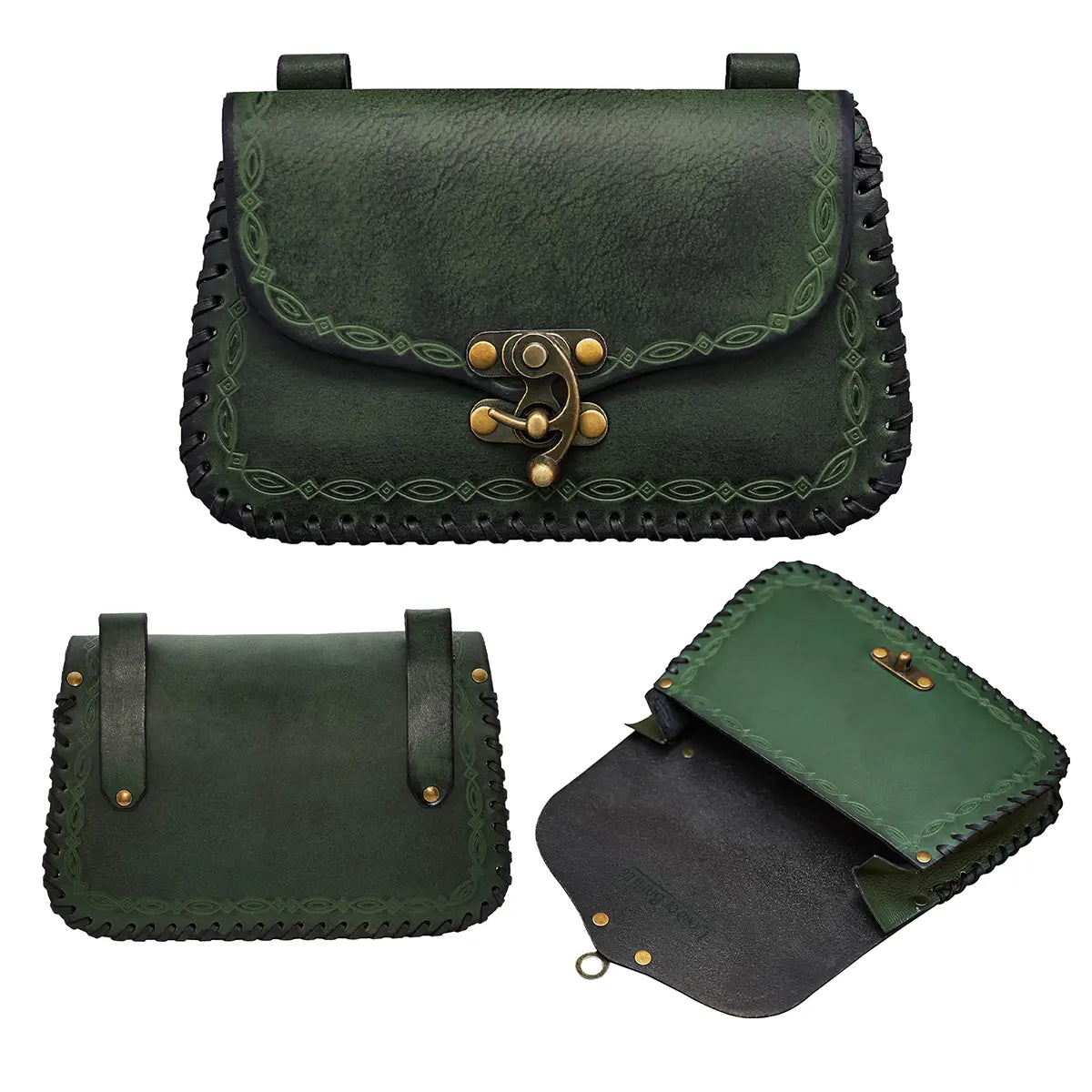 Bolsa de cinturón medieval en cuero, estilo hechicero (Siglo XIV) — Verde - Verde