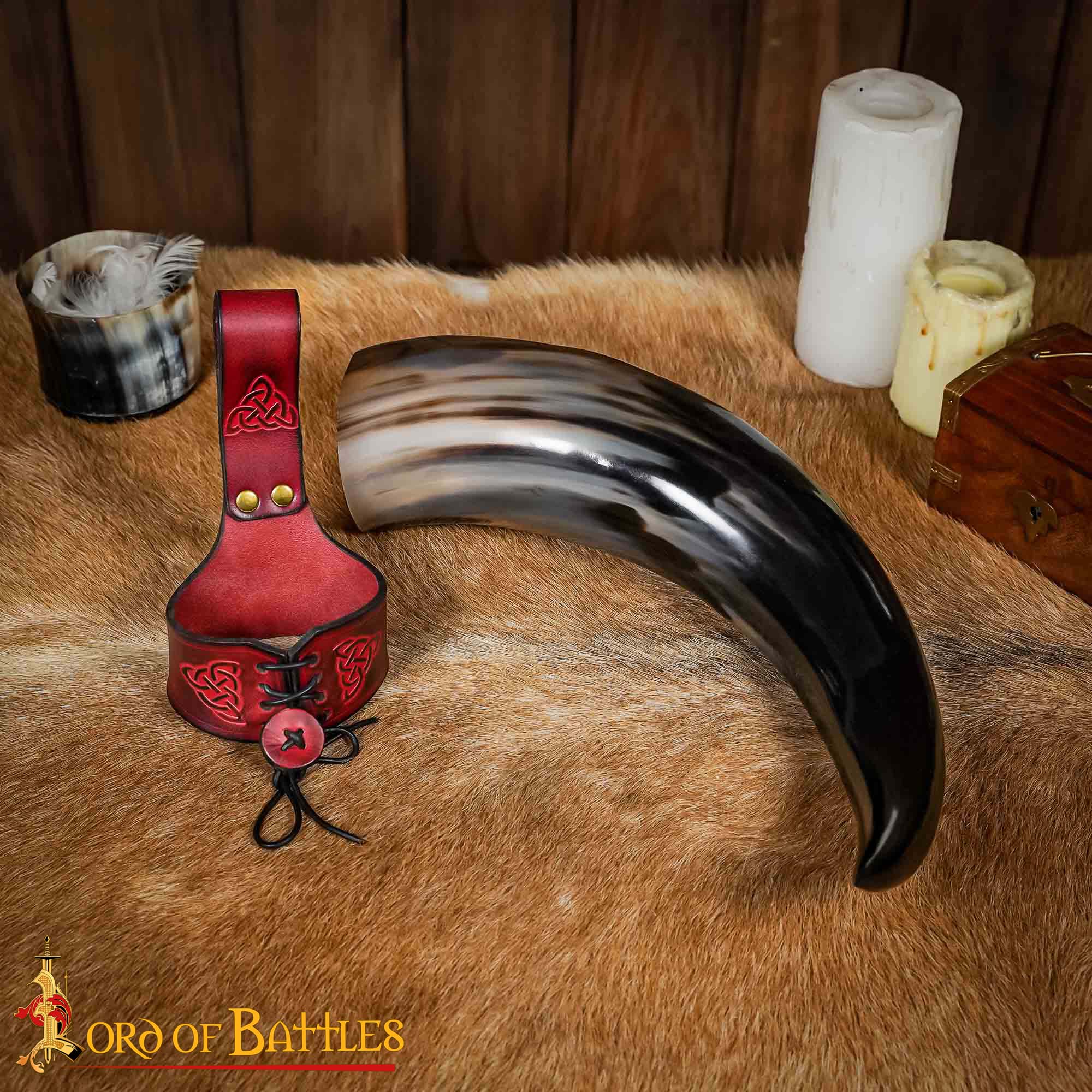Cuerno de beber vikingo con funda de cuero y porta cinturón con nudo celta - imagen 23