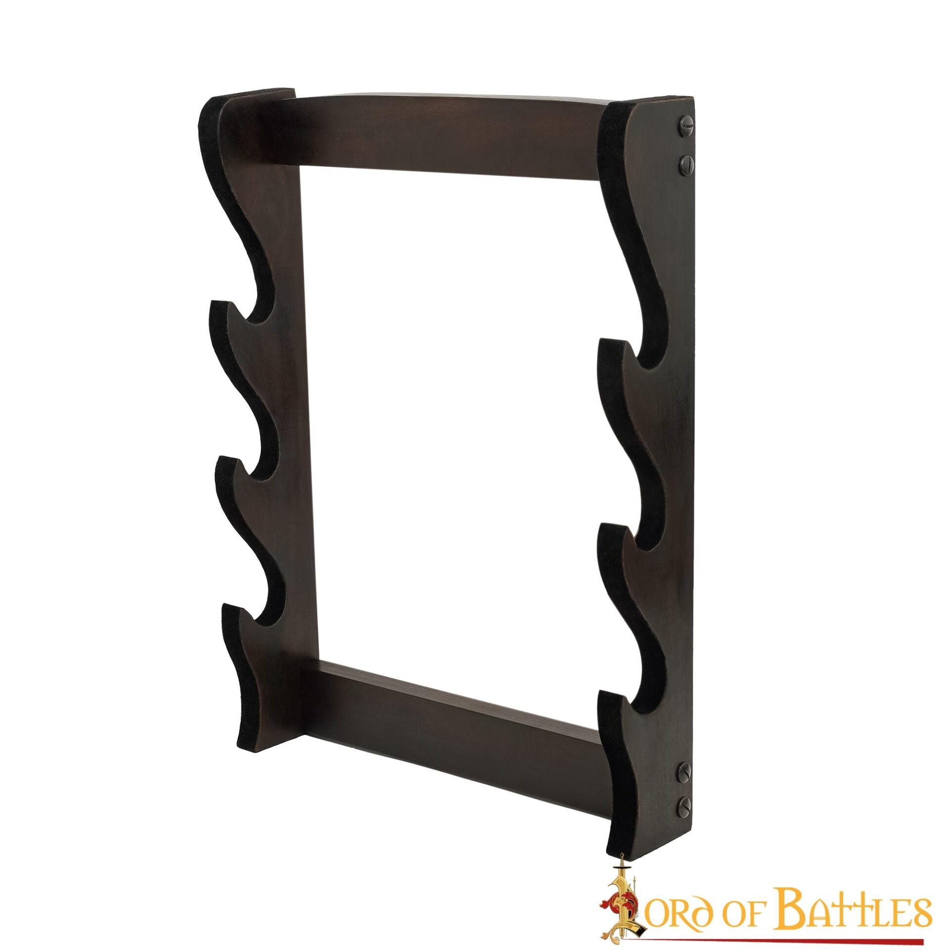 Imagen única de: Expositor de pared de madera, 3 niveles — para espadas y hachas (artesanal)
