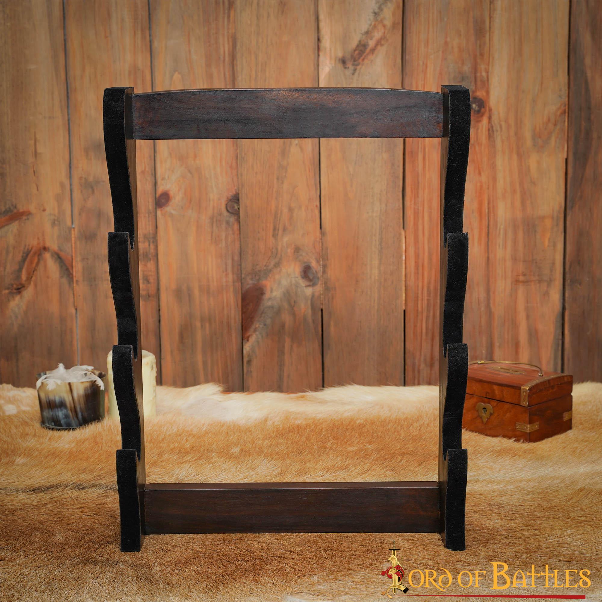 Imagen única de: Expositor de pared de madera, 3 niveles — para espadas y hachas (artesanal) - imagen 7