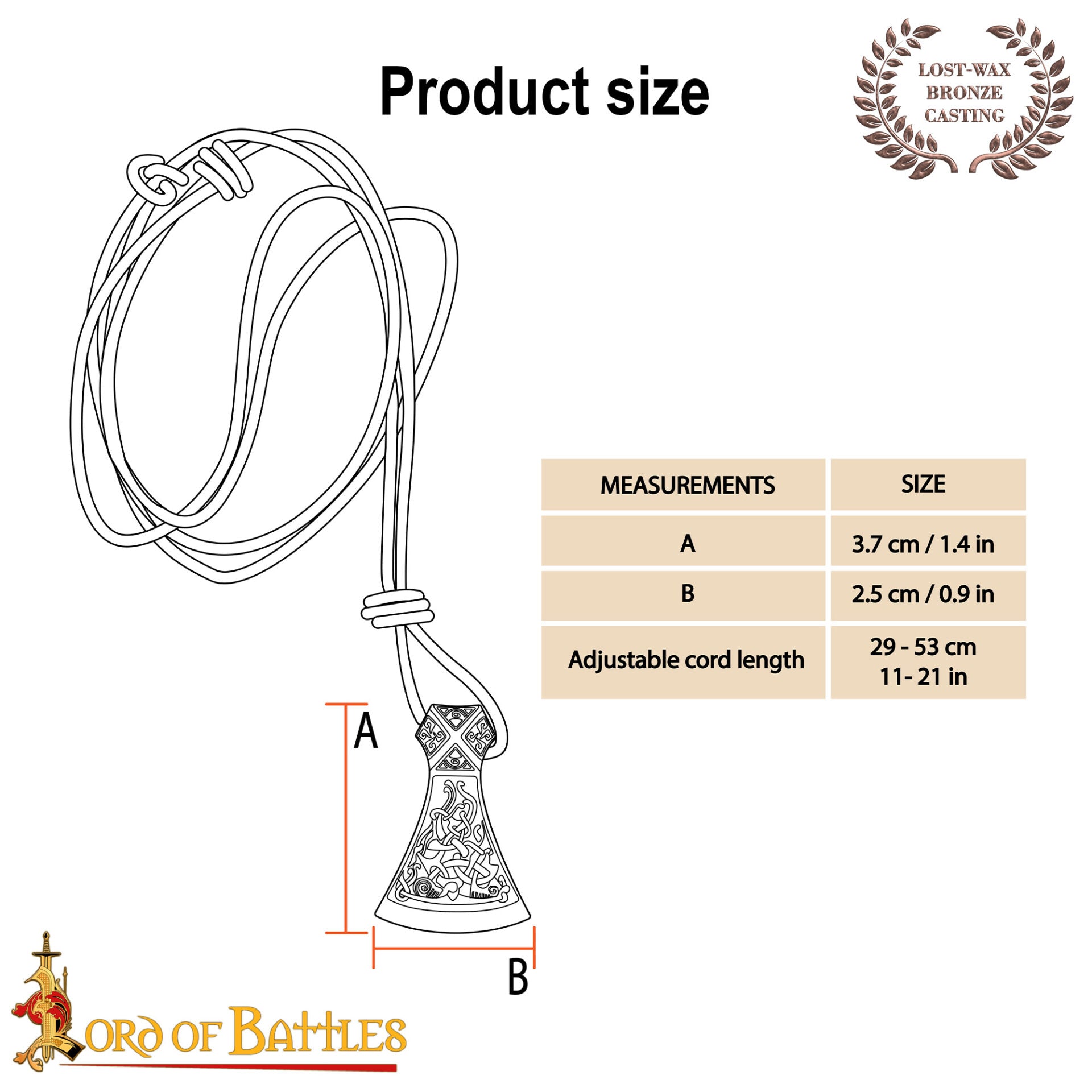 Colgante hacha de bronce - cera perdida, cordón de cuero ajustable - imagen 12