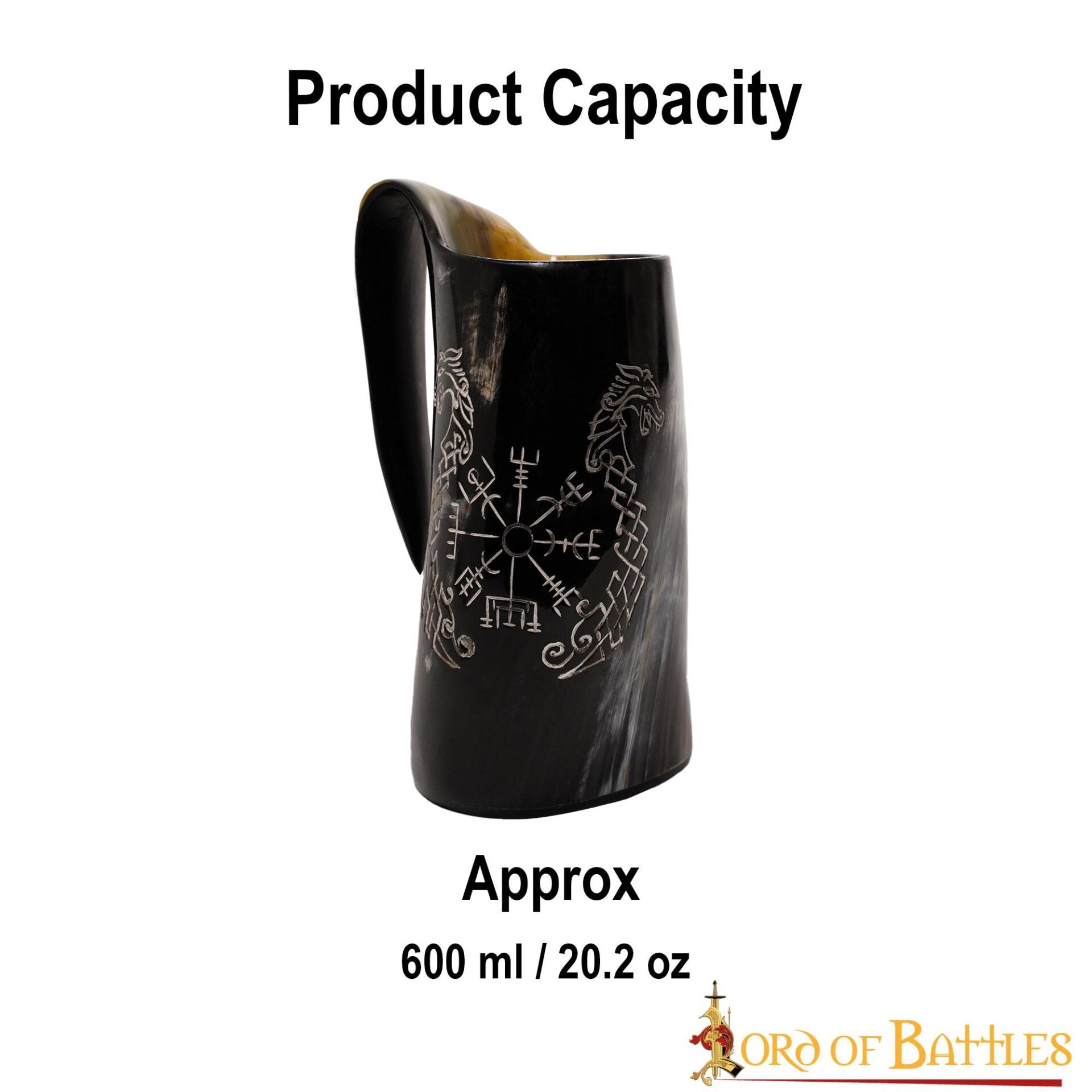 Taza de Cuerno Vikingo con Vegvisir y Grabado de Caballo Gemelo Taza de Cuerno de Buey Natural Pulido, Jarra para Hidromiel y Cerveza - Imagen 9