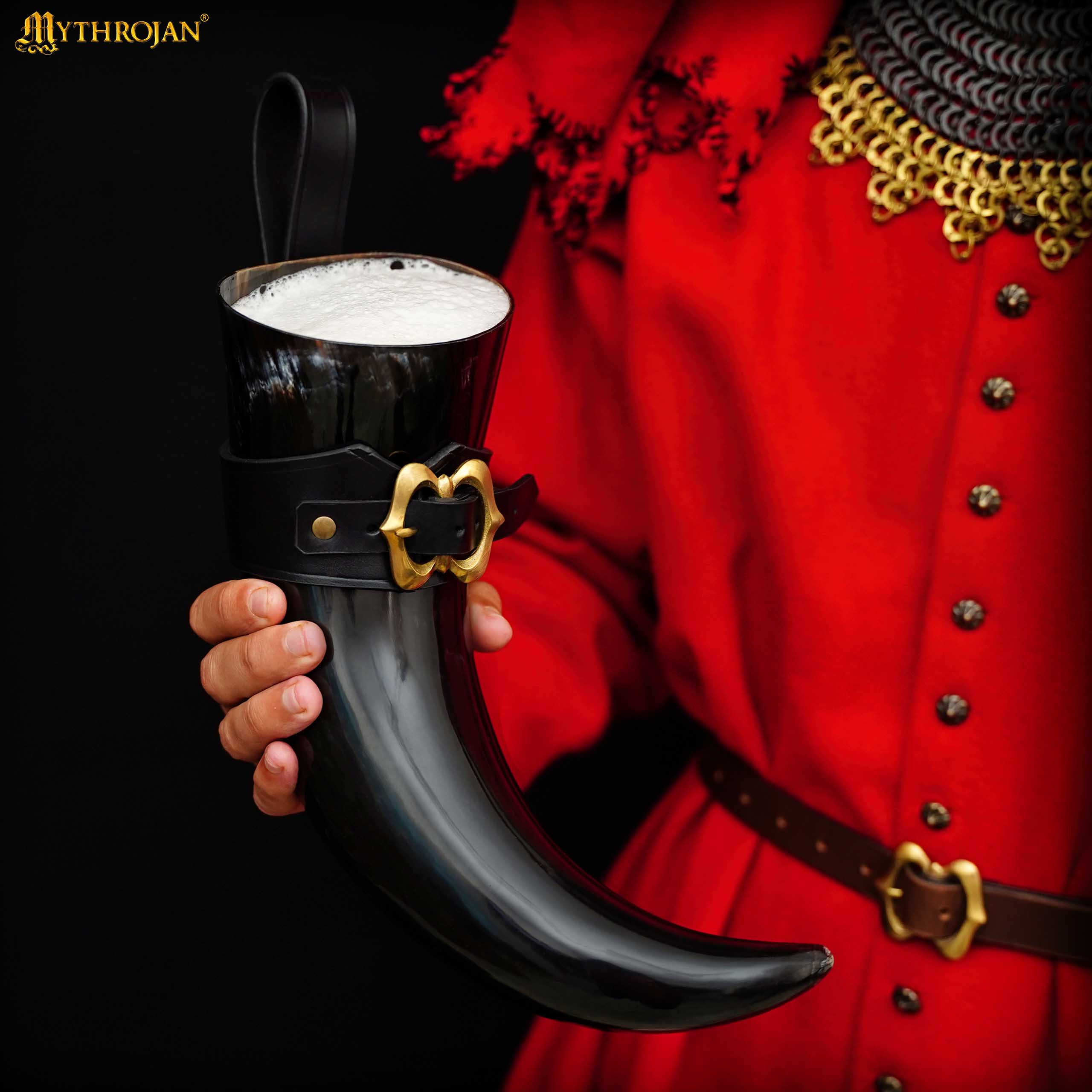 Cuerno vikingo para beber Mythrojan “The Loyal Soldier” — 600 ml con soporte de cuero negro - imagen 3