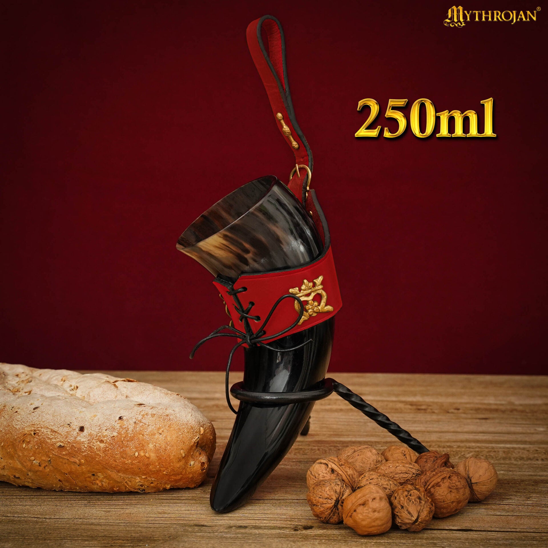 Imagen única de: Mythrojan The Elegant Lady 250 Ml Cuerno Vikingo para Beber con Soporte de Cuero Rojo