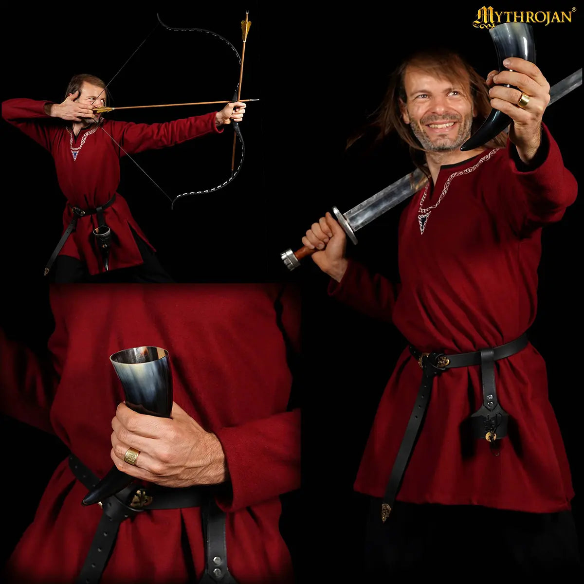 Cuerno vikingo de beber con funda de cuero y medallón de latón