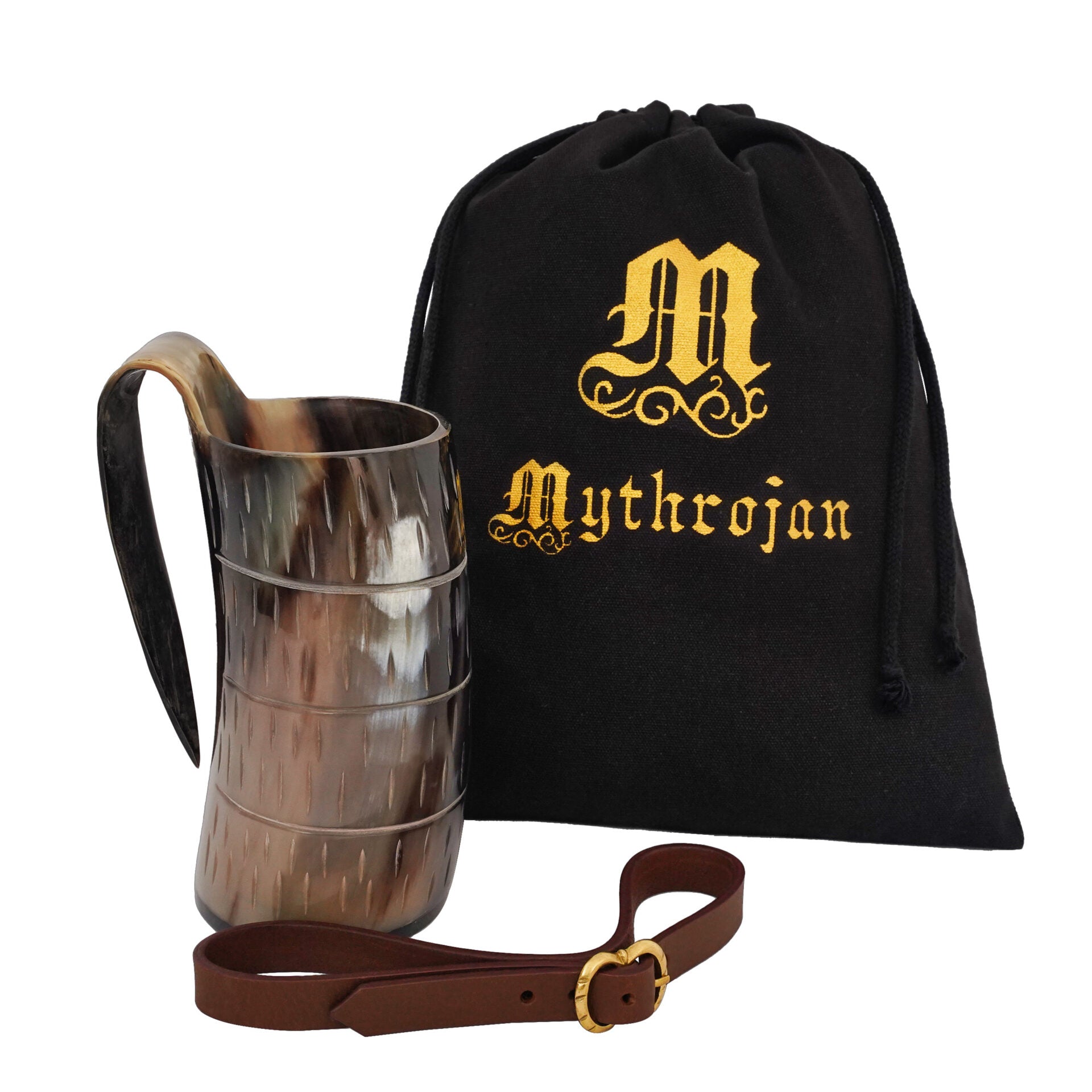 Jarra vikinga de cuerno con soporte de cuero