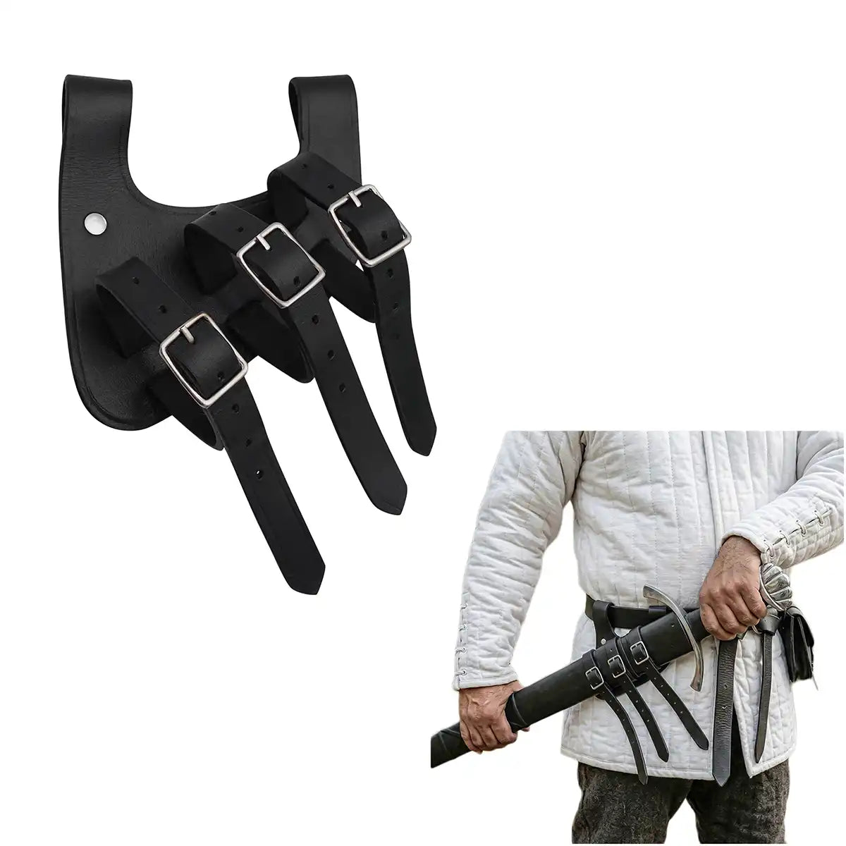 Baldric renacentista de cuero para espada, triple hebilla (Negro, Marrón)