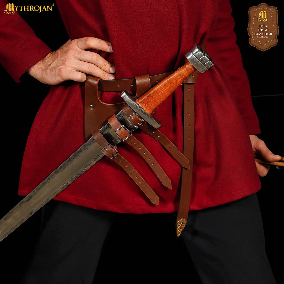 Baldric renacentista de cuero para espada, triple hebilla (Negro, Marrón)