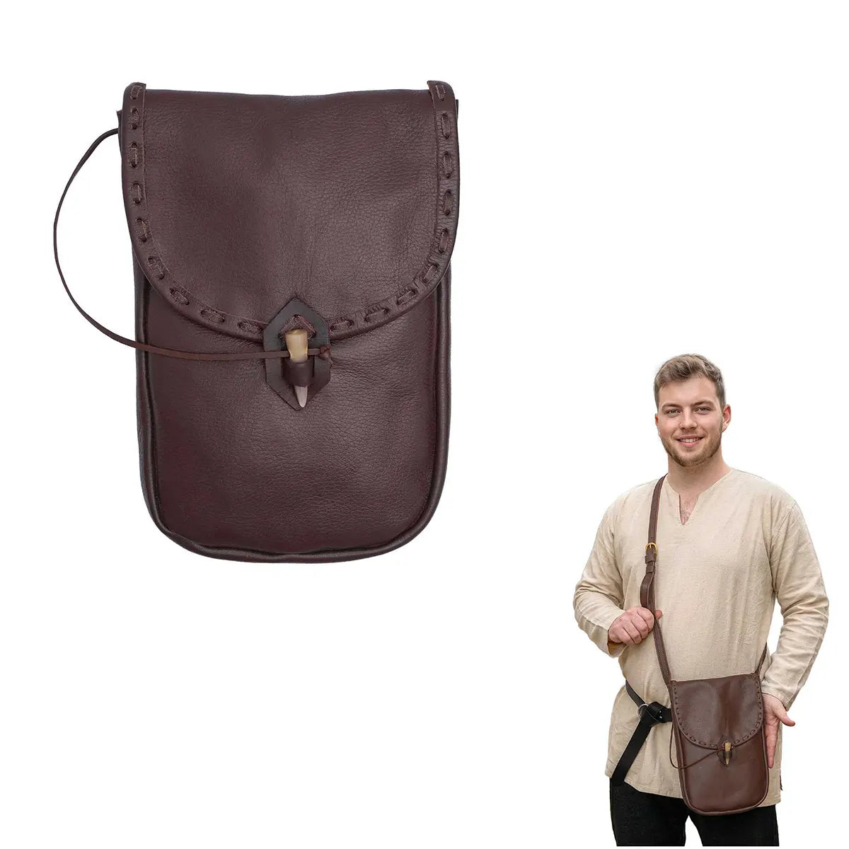 Bolsa mensajera medieval de cuero Mythrojan - Marrón