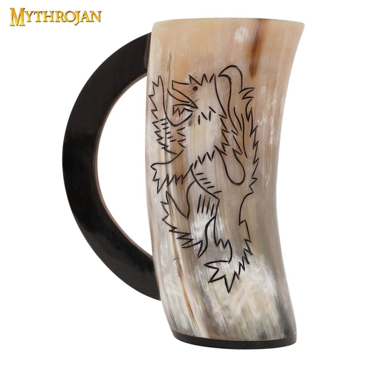 Jarra vikinga con diseño de león y hebilla medieval, acabado pulido