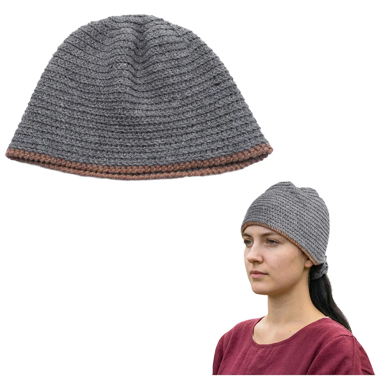 Gorro Naalbinding de lana 100% — estilo vikingo - Brown/Grey - M