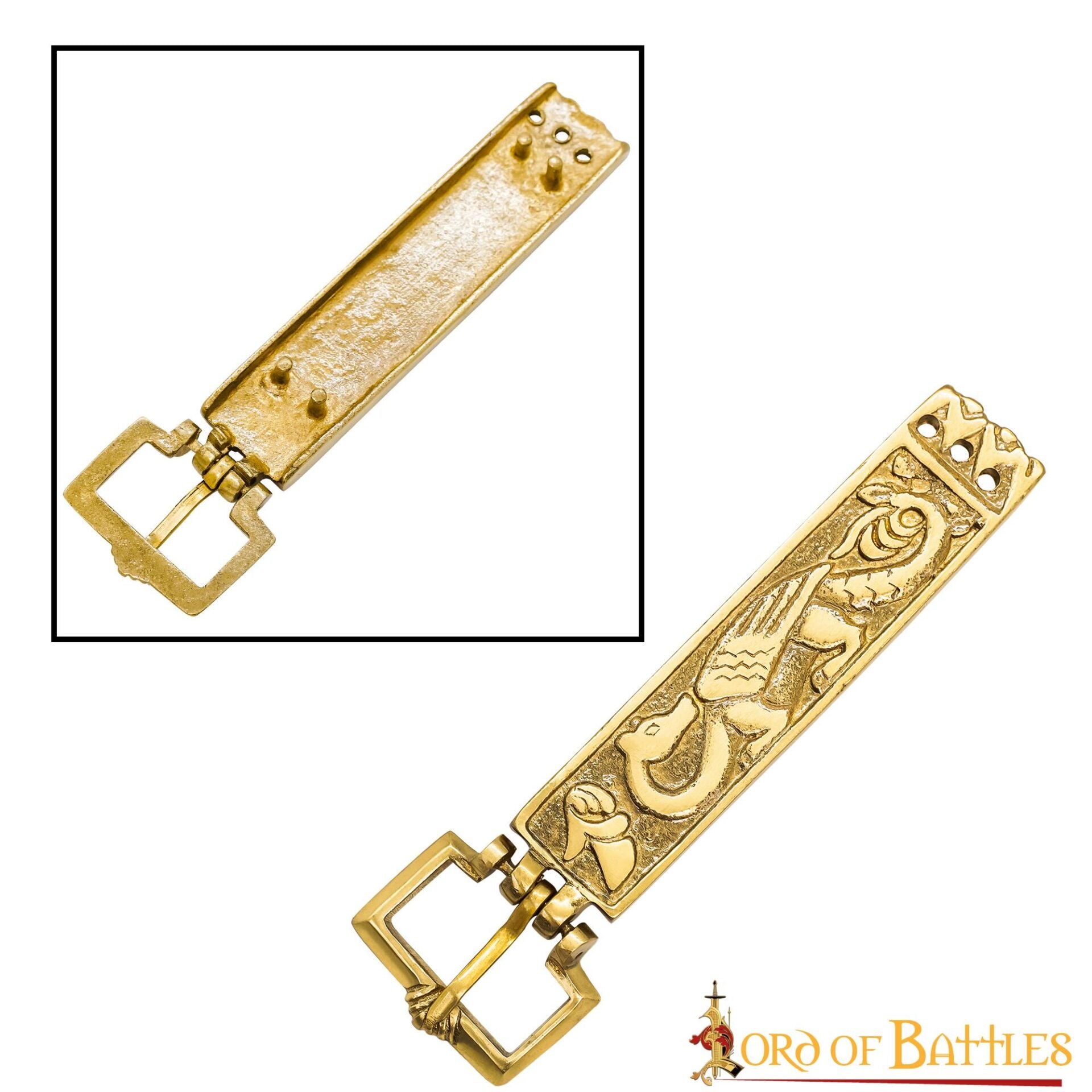 Imagen única de: Hebilla de Cinturón Vikinga de Latón Macizo con Forma de Dragón - Diseño Nórdico Grabado