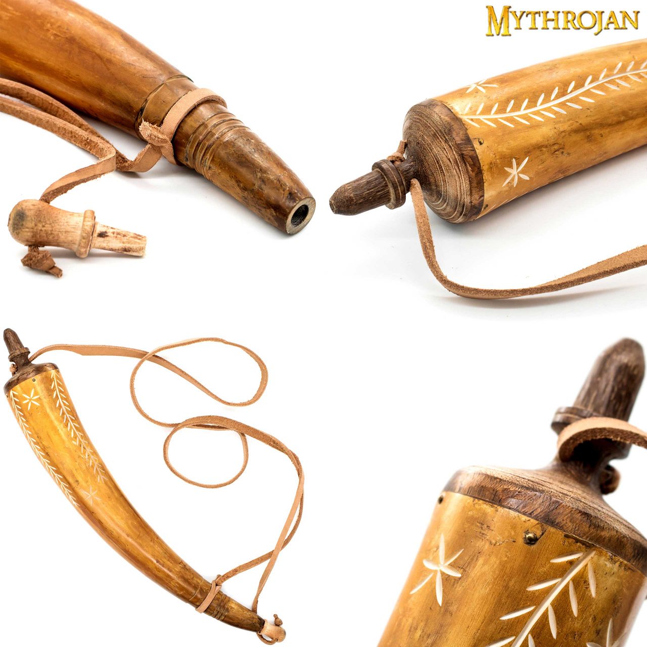 Polvorera vikinga de cuerno con correa de cuero - imagen 9