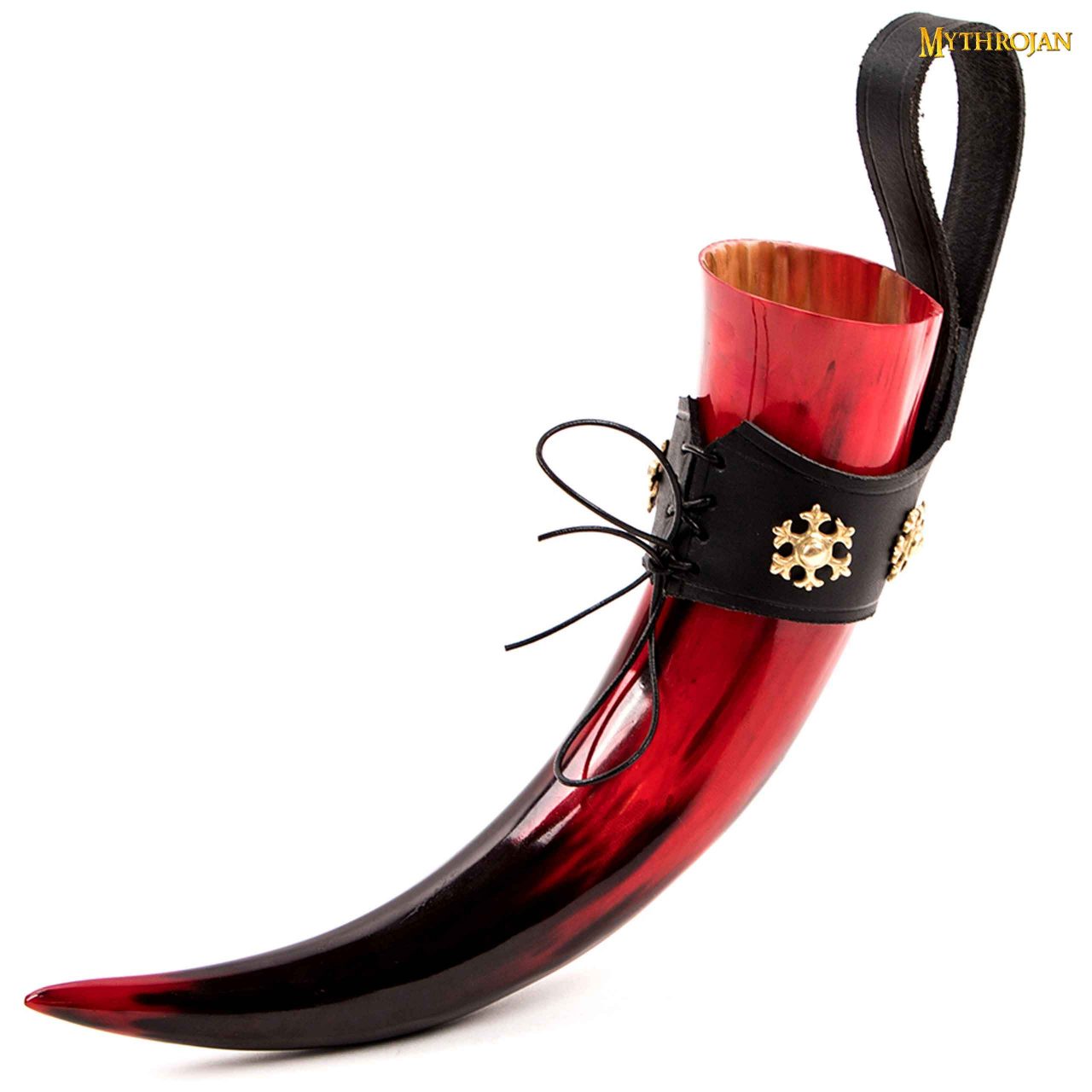 Imagen única de: Taza Medieval – Cuerno Vikingo 400 ml Pulido con Soporte de Cuero Negro Rojo