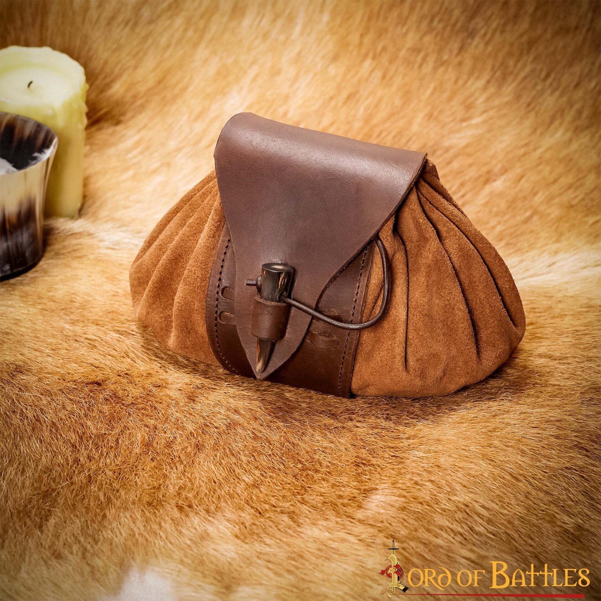 Bolsa de cinturón medieval de ante y cuero con broche de cuerno - imagen 15