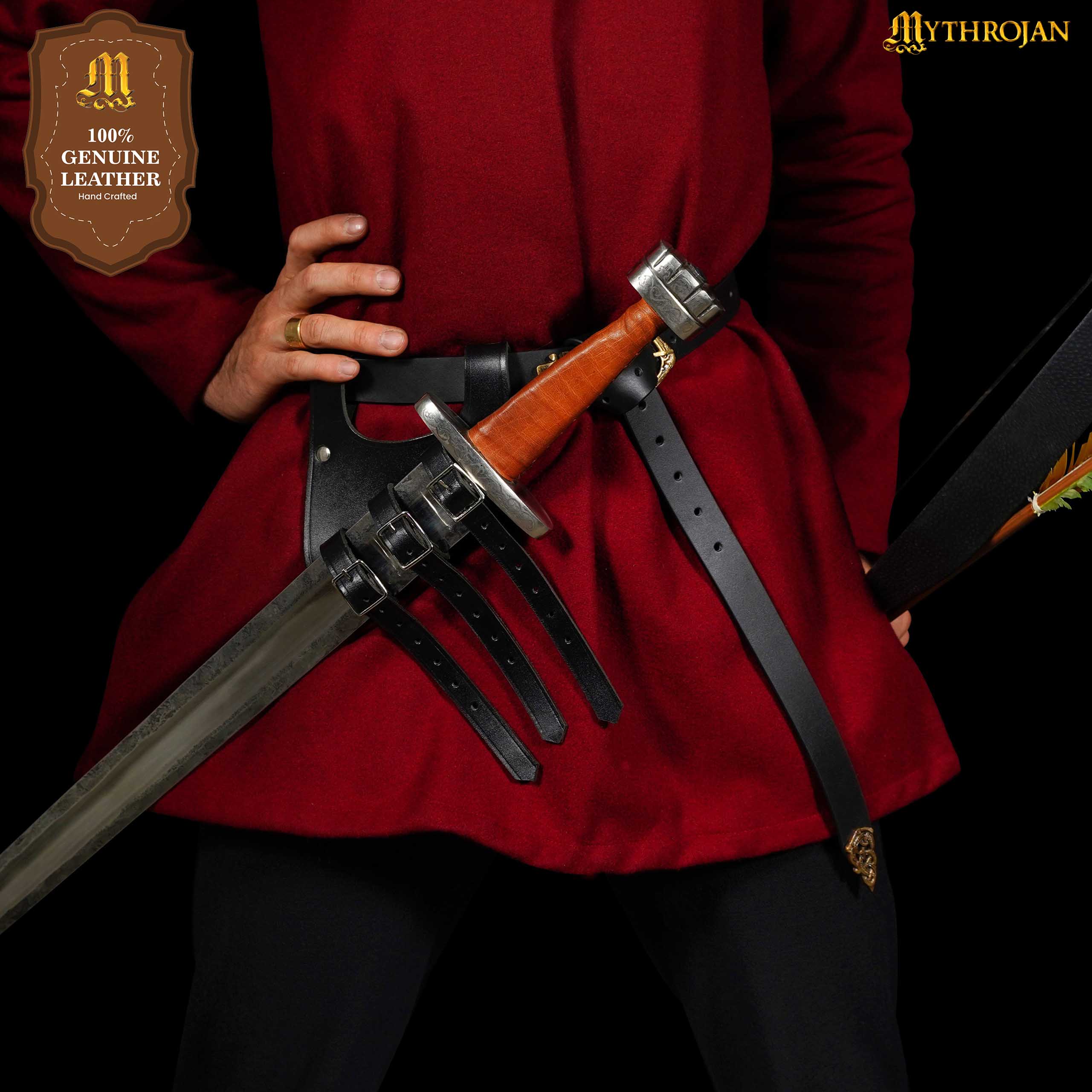 Bandolera renacentista de cuero para espada con triple hebilla — Negro/Marrón - imagen 16
