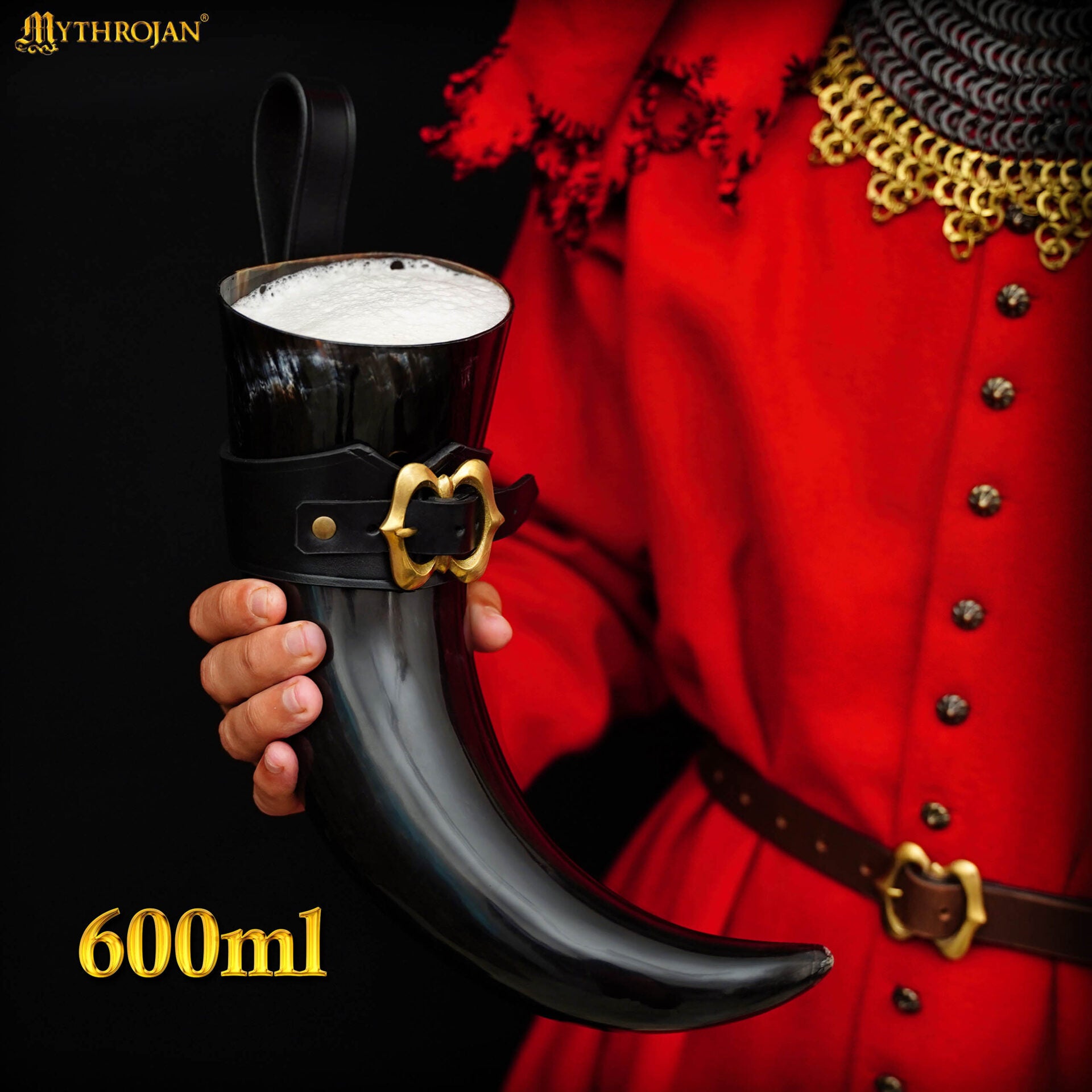 Imagen única de: Mythrojan El Soldado Leal – Cuerno Vikingo 400 ml con Soporte de Cuero Negro Acabado Pulido