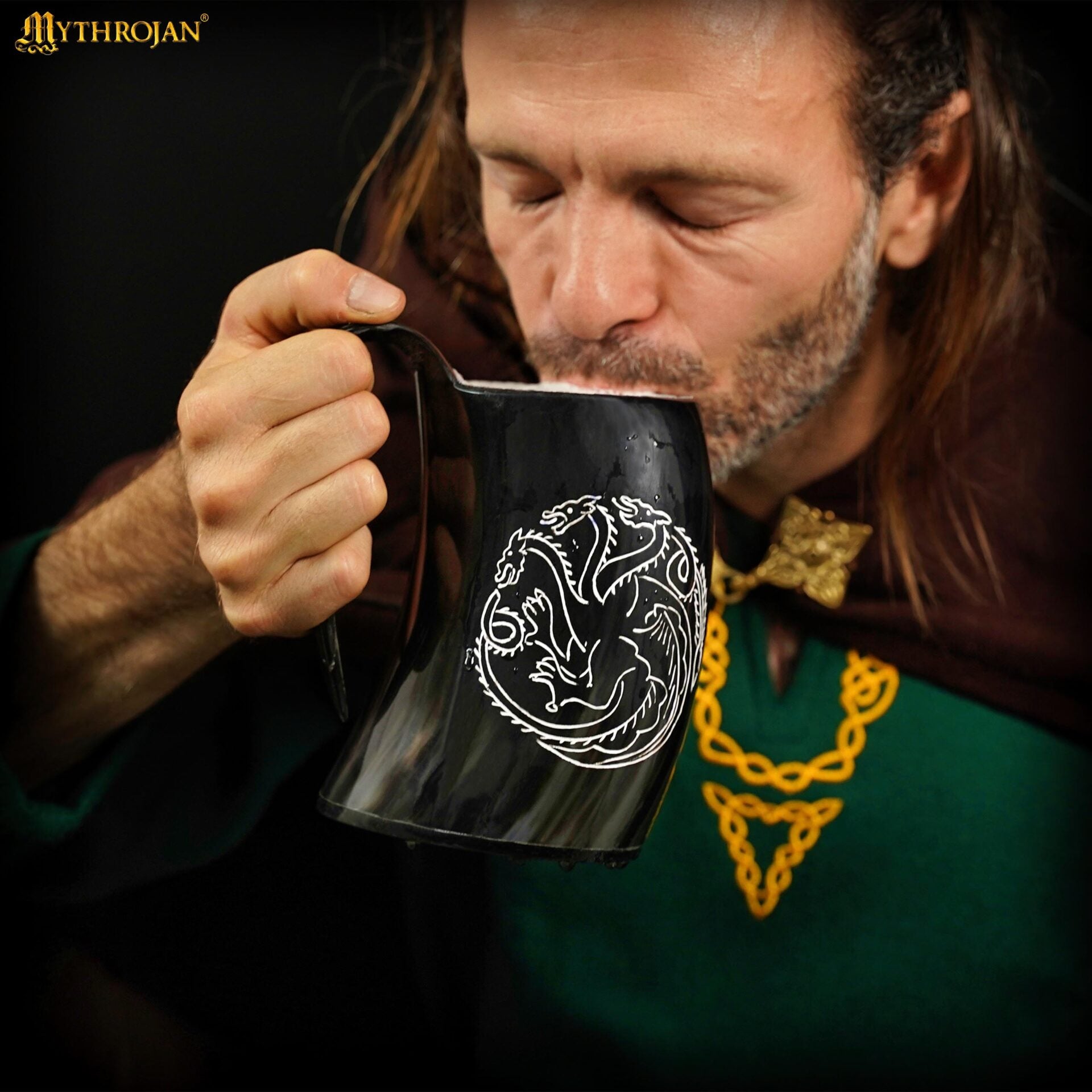 Jarra vikinga de cuerno de buey con sigilo de dragón y correa de cuero - imagen 10