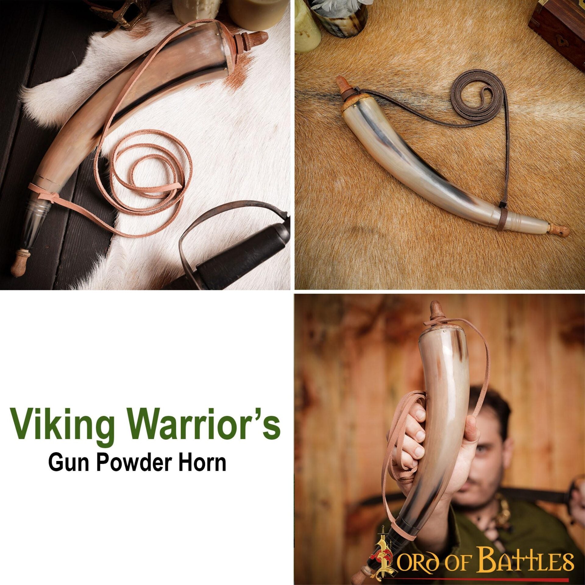 Cuerno porta pólvora vikingo artesanal de cuerno auténtico - imagen 4