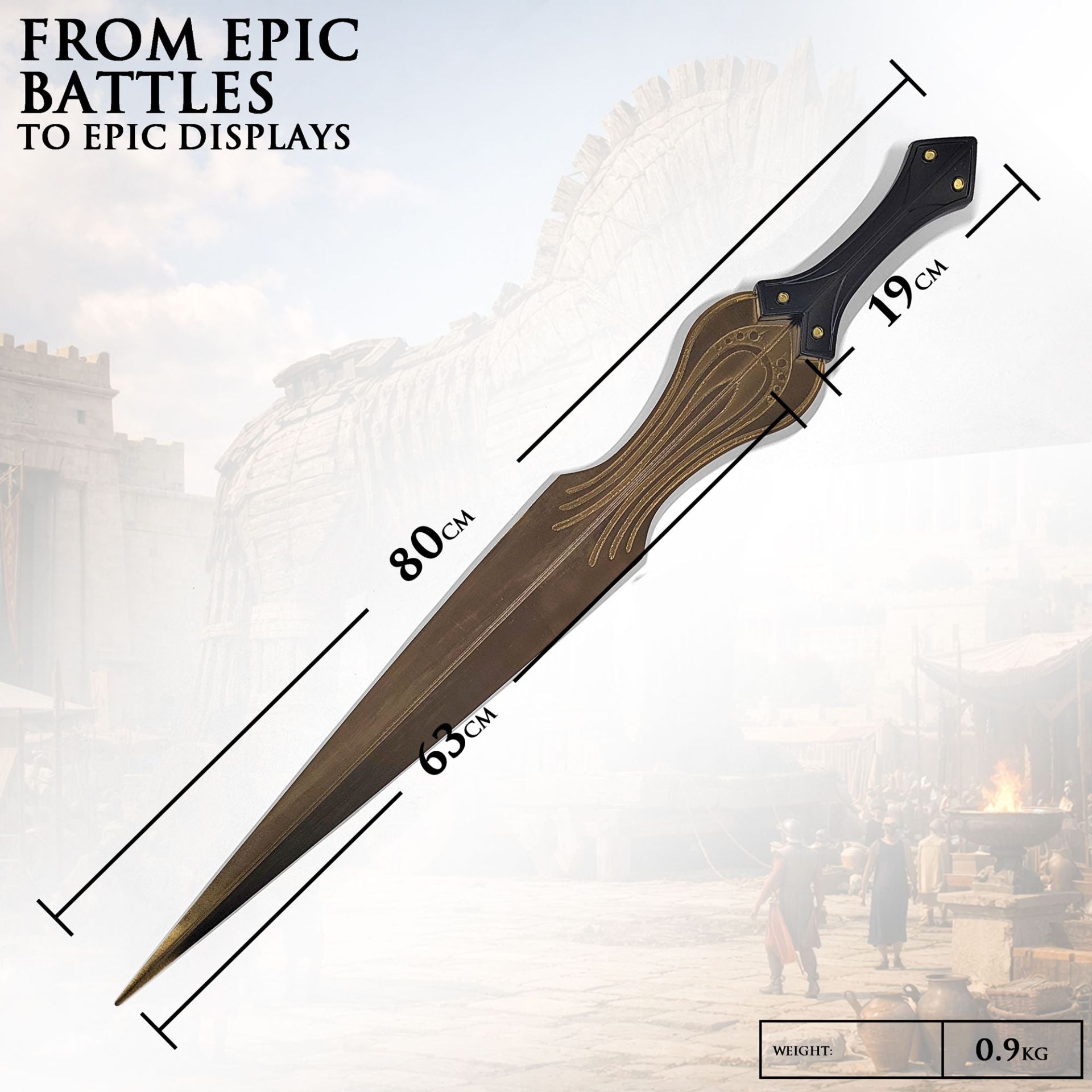 Espada de Aquiles Troya - Réplica Decorativa Acero 80 cm con Soporte de Pared