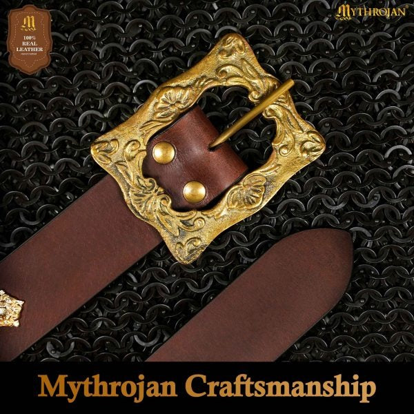 Cinturón medieval Mythrojan de cuero negro con hebilla de latón - imagen 9