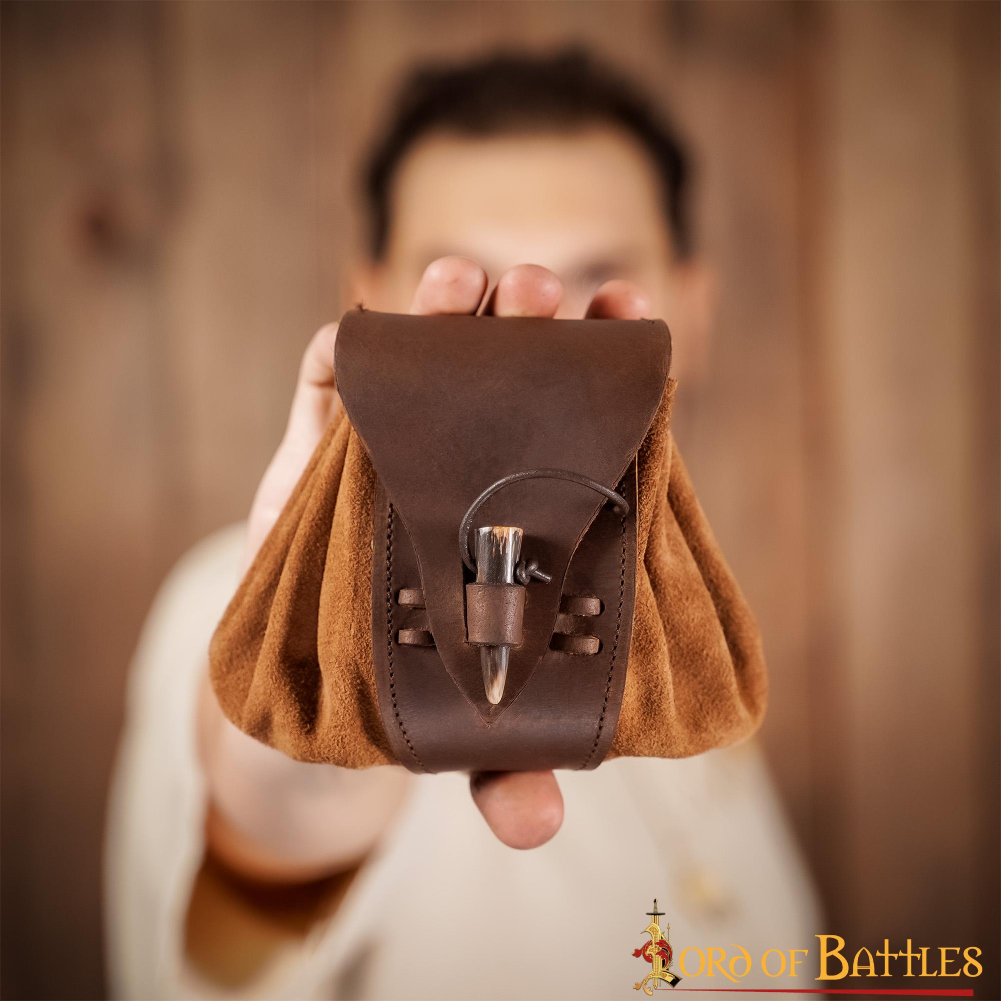 Bolsa de cinturón medieval de ante y cuero con broche de cuerno - imagen 14