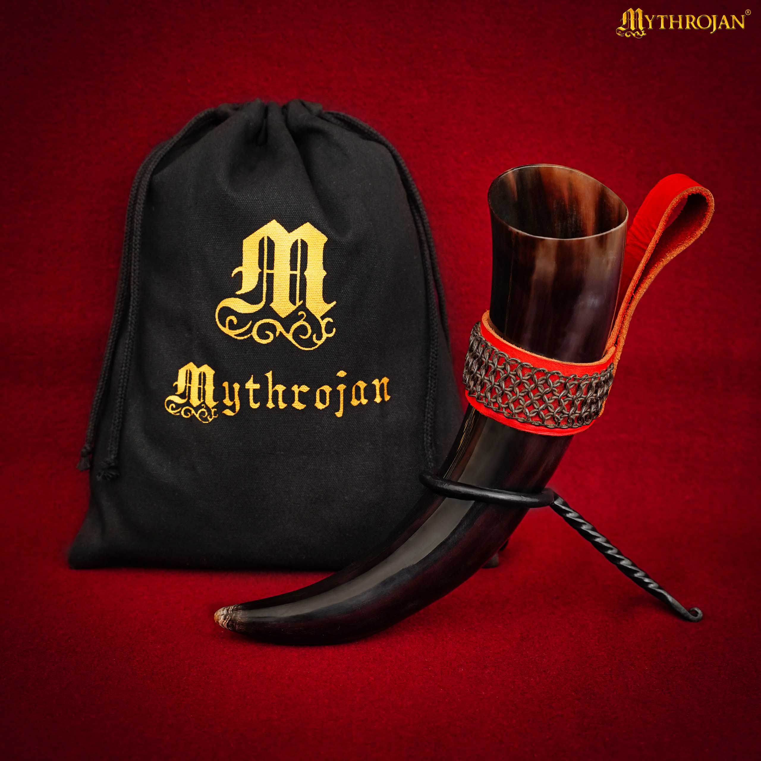Imagen única de: Mythrojan El Compañero del Brujo – Cuerno Vikingo 350 ml Pulido con Soporte Rojo
