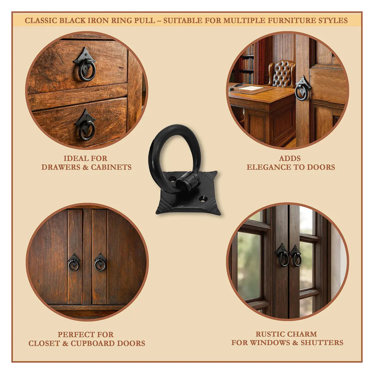 Tirador anilla rústico de hierro fundido para puertas y muebles - imagen 17