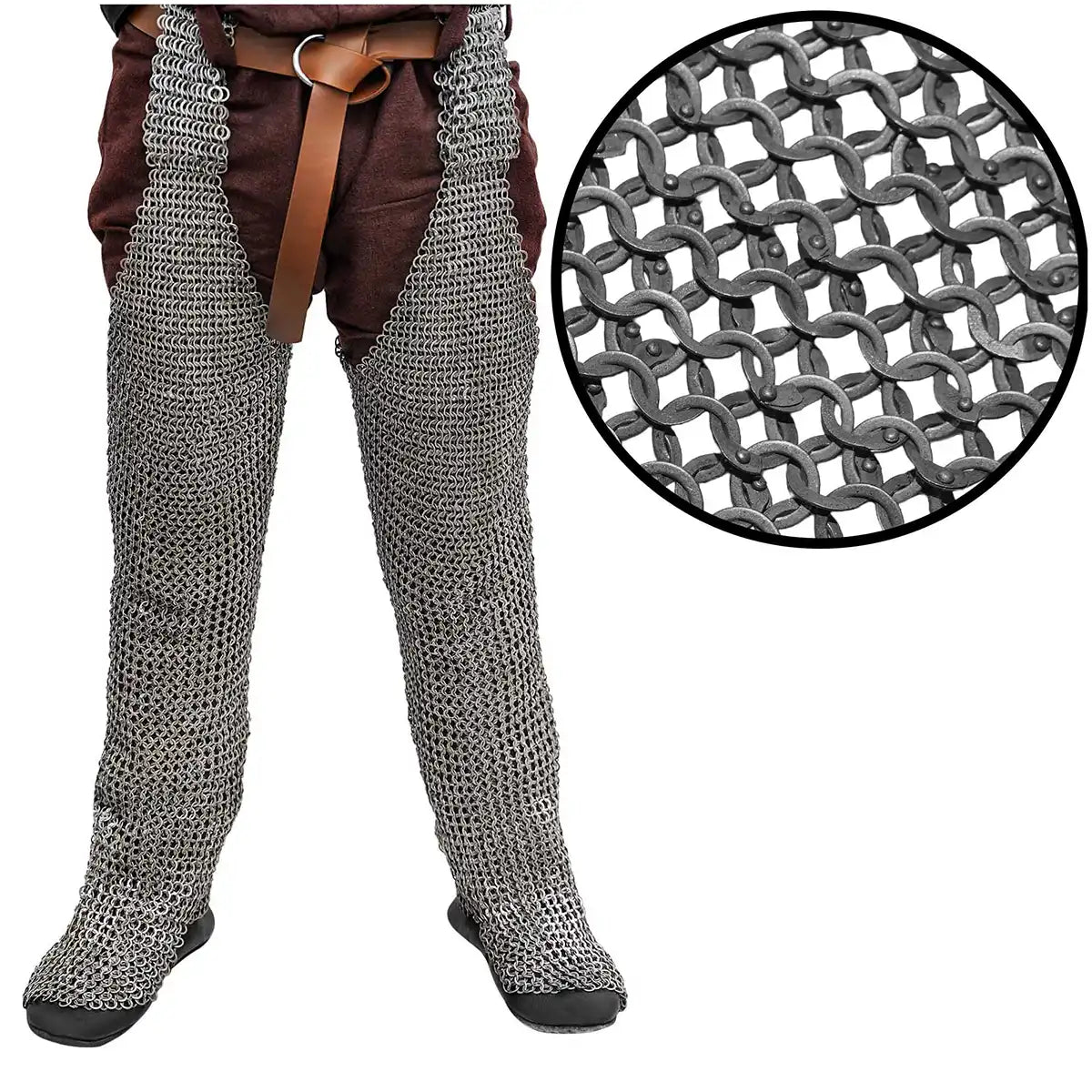 Chausses de malla medieval para pierna y pie — anilla plana 9 mm, remachadas, acero 17 gauge